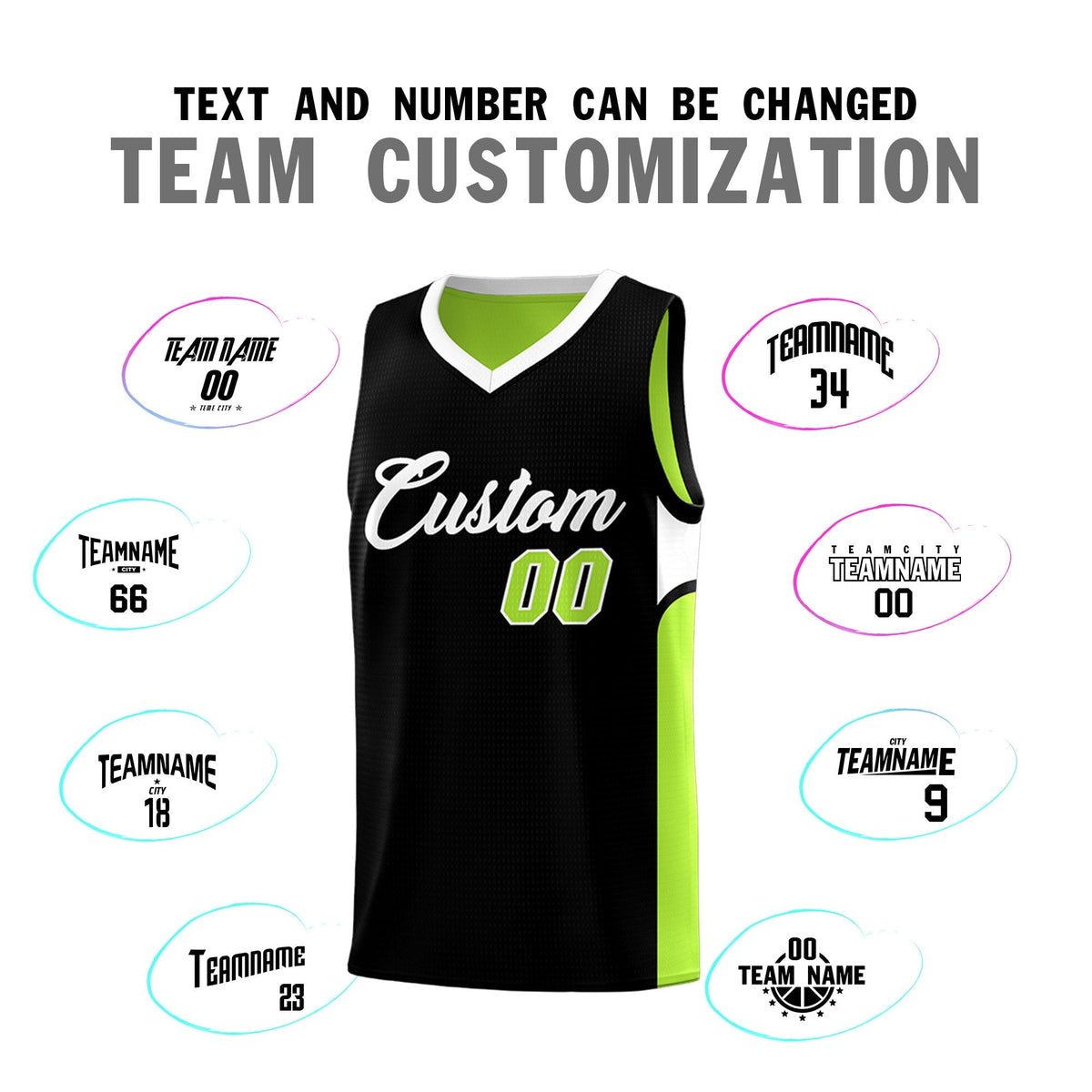 Custom Black Neon Green Side U-shaped Patttern Double Side Sports Uniform Basketball Jersey|KXKSHOP