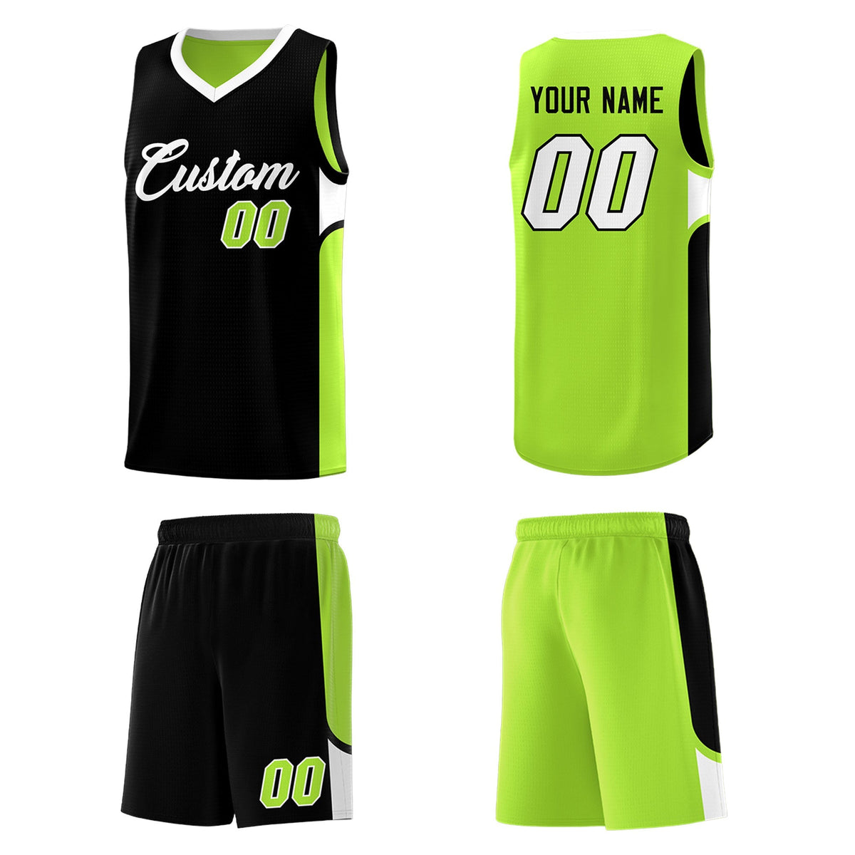 Custom Black Neon Green Side U-shaped Patttern Double Side Sports Uniform Basketball Jersey|KXKSHOP