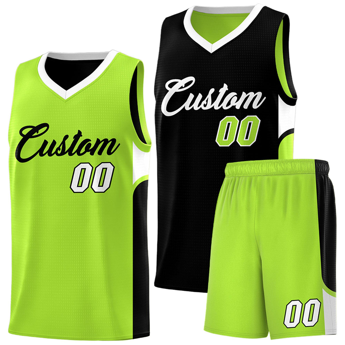 Custom Black Neon Green Side U-shaped Patttern Double Side Sports Uniform Basketball Jersey|KXKSHOP