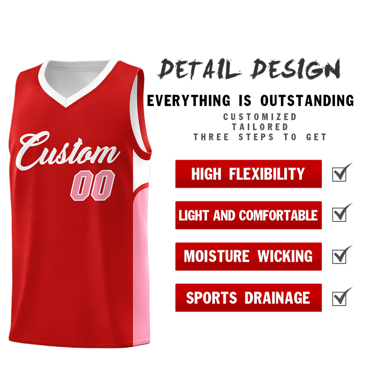 Custom Red White Side U-shaped Patttern Double Side Sports Uniform Basketball Jersey|KXKSHOP