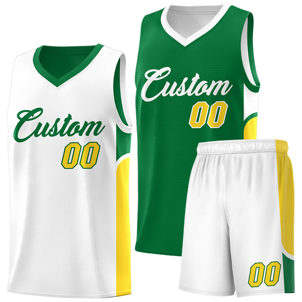 Custom Kelly Green White Side U-shaped Patttern Double Side Sports Uniform Basketball Jersey|KXKSHOP