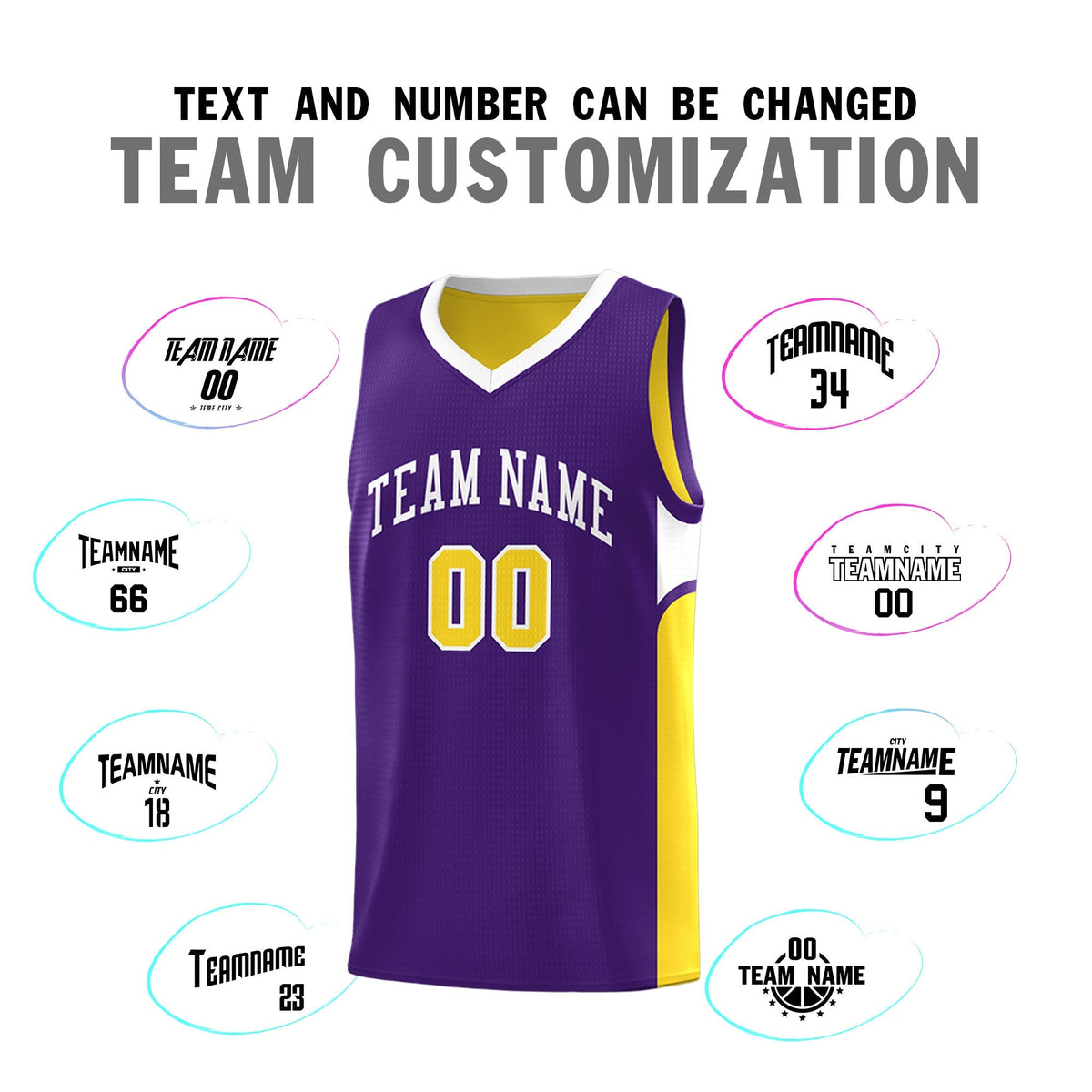 Custom Purple Gold Side U-shaped Patttern Double Side Sports Uniform Basketball Jersey|KXKSHOP