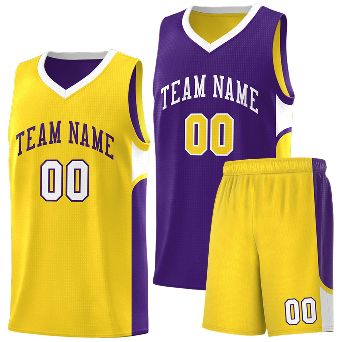 Custom Purple Gold Side U-shaped Patttern Double Side Sports Uniform Basketball Jersey|KXKSHOP