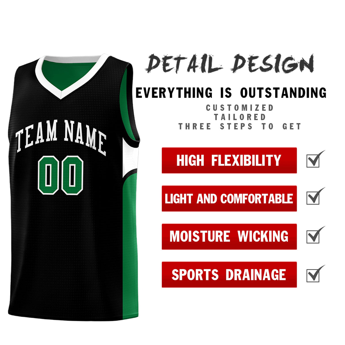 Custom Black Kelly Green Side U-shaped Patttern Double Side Sports Uniform Basketball Jersey|KXKSHOP