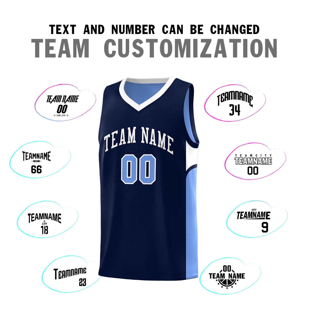 Custom Navy Light Blue Side U-shaped Patttern Double Side Sports Uniform Basketball Jersey|KXKSHOP
