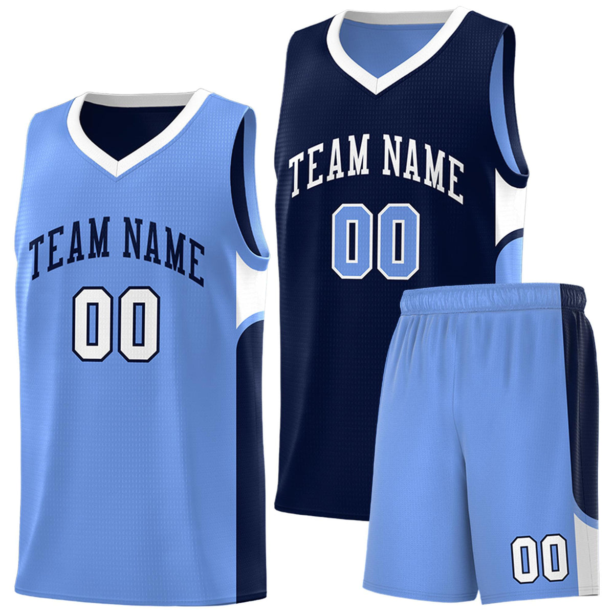 Custom Navy Light Blue Side U-shaped Patttern Double Side Sports Uniform Basketball Jersey|KXKSHOP