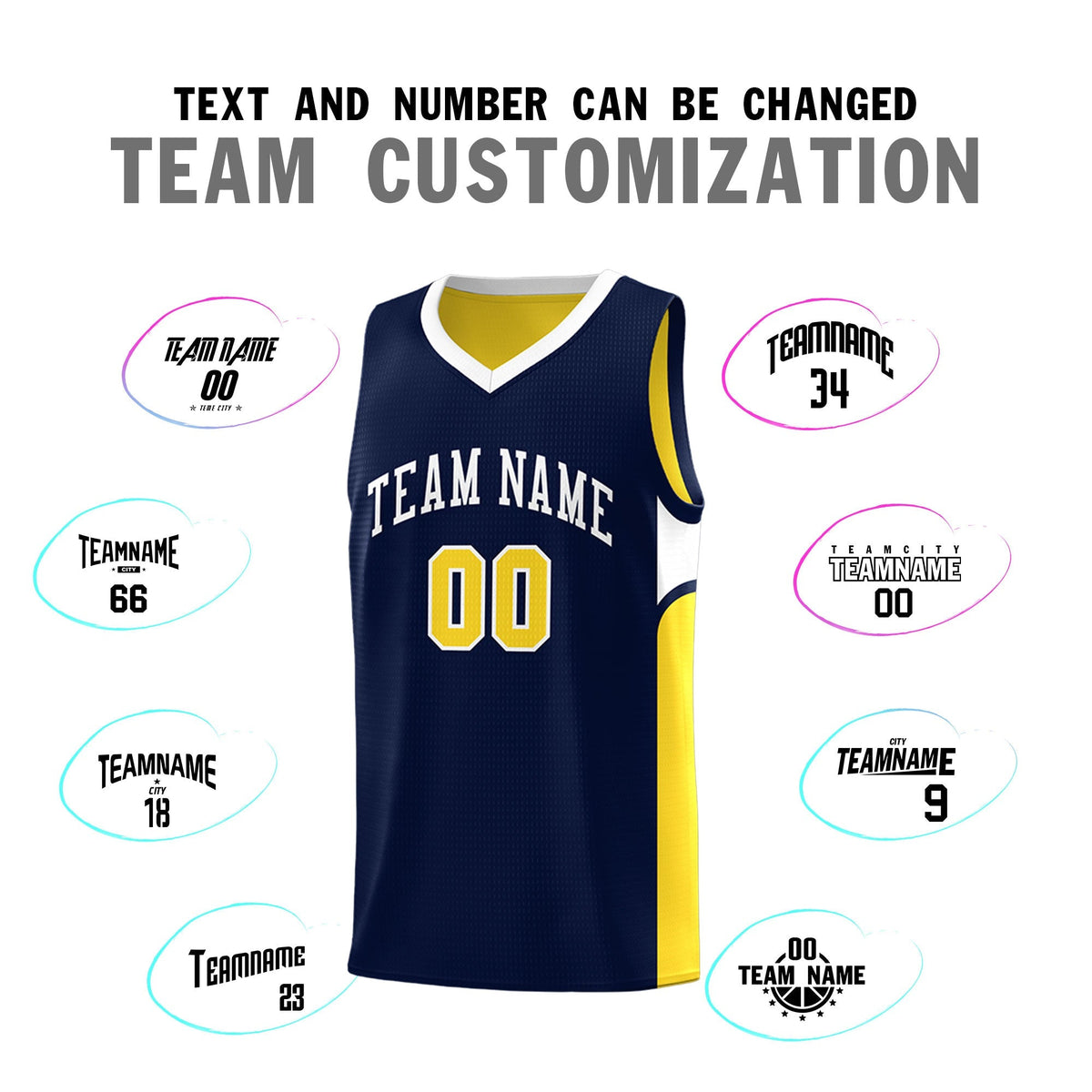 Custom Navy Gold Side U-shaped Patttern Double Side Sports Uniform Basketball Jersey|KXKSHOP