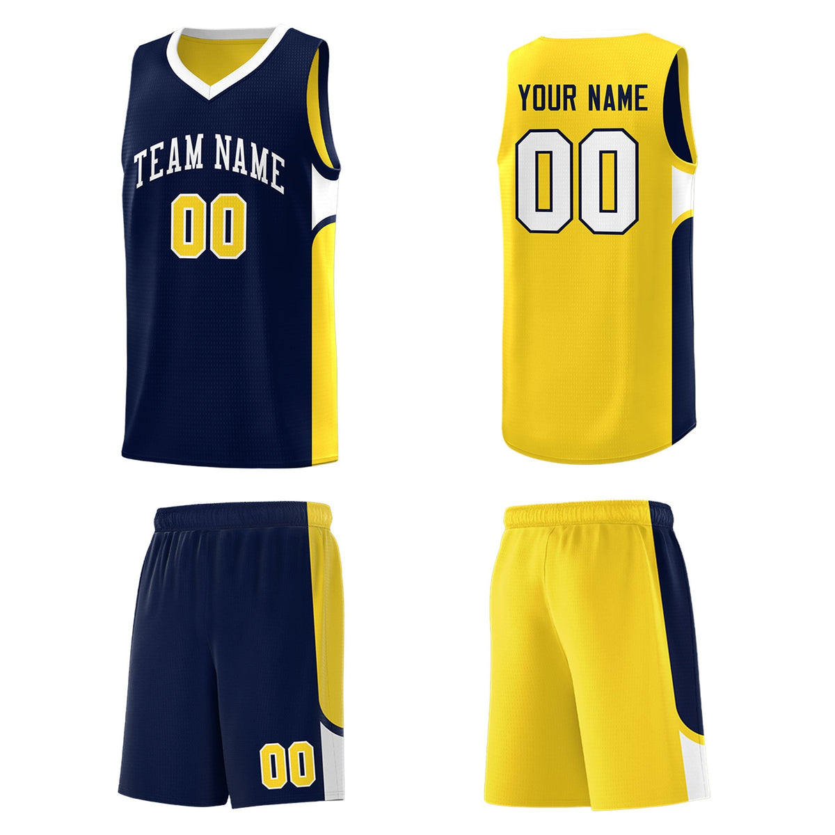 Custom Navy Gold Side U-shaped Patttern Double Side Sports Uniform Basketball Jersey|KXKSHOP