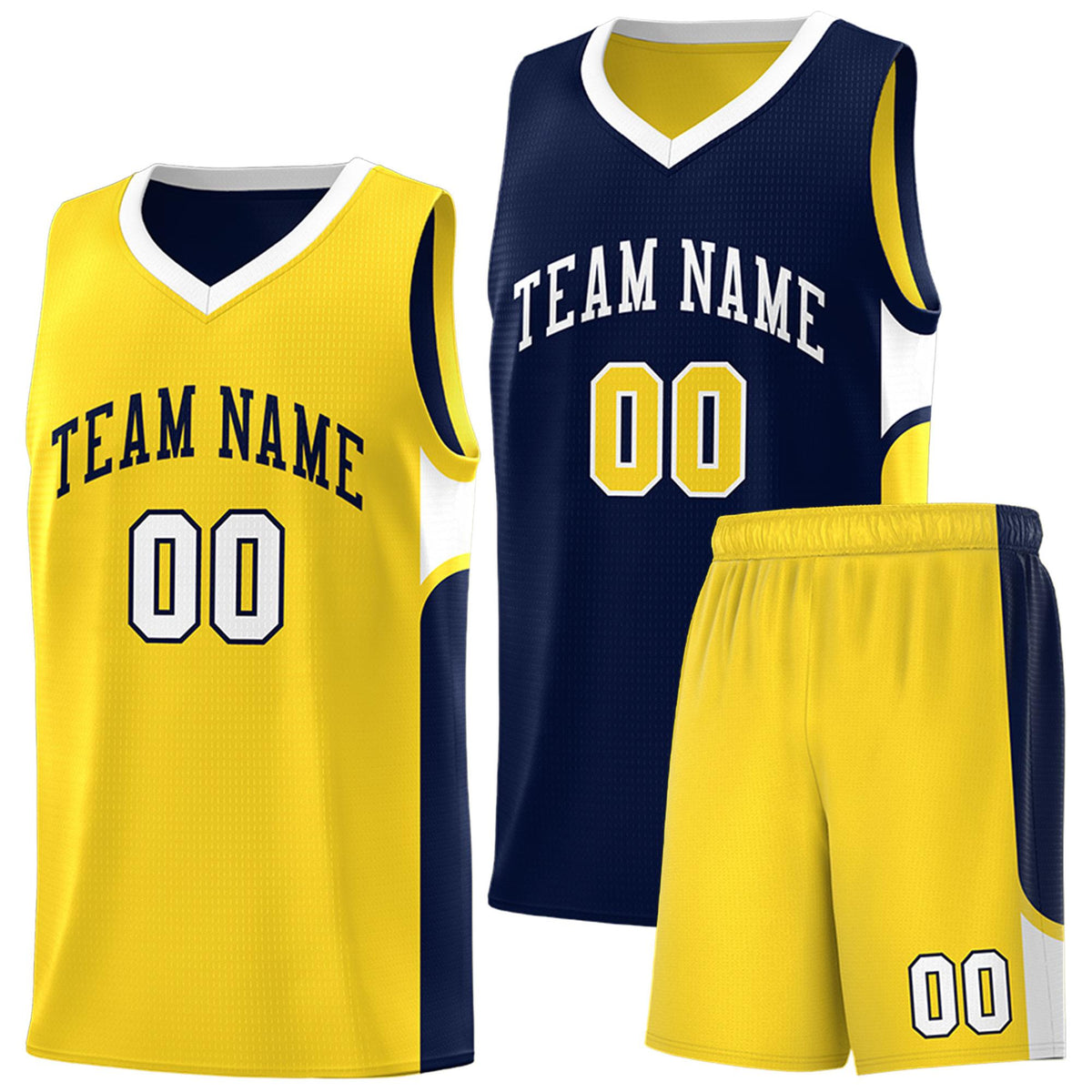 Custom Navy Gold Side U-shaped Patttern Double Side Sports Uniform Basketball Jersey|KXKSHOP