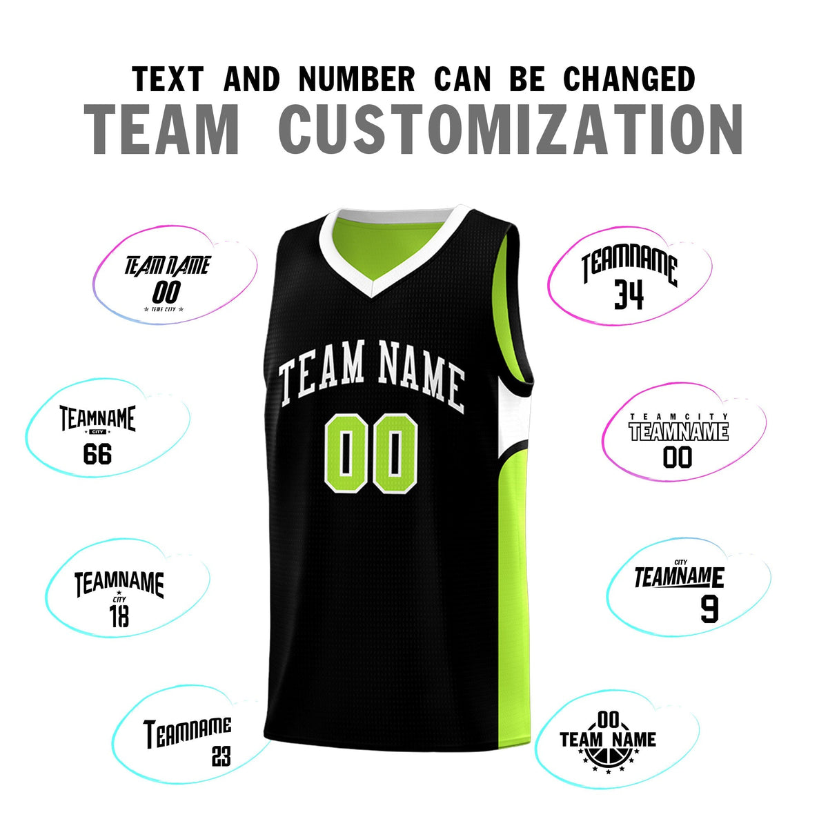 Custom Black Neon Green Side U-shaped Patttern Double Side Sports Uniform Basketball Jersey|KXKSHOP