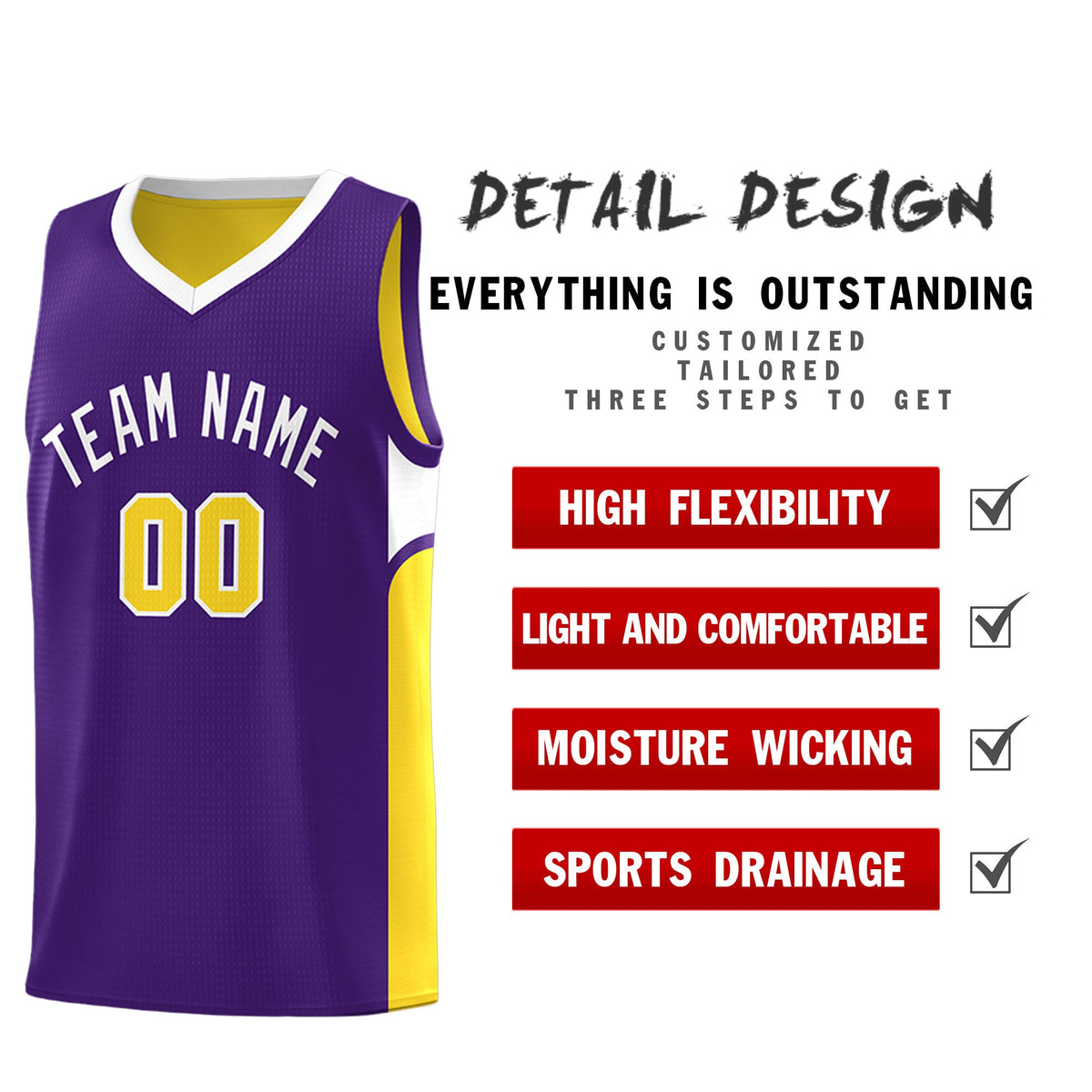 Custom Purple Gold Side U-shaped Patttern Double Side Sports Uniform Basketball Jersey|KXKSHOP