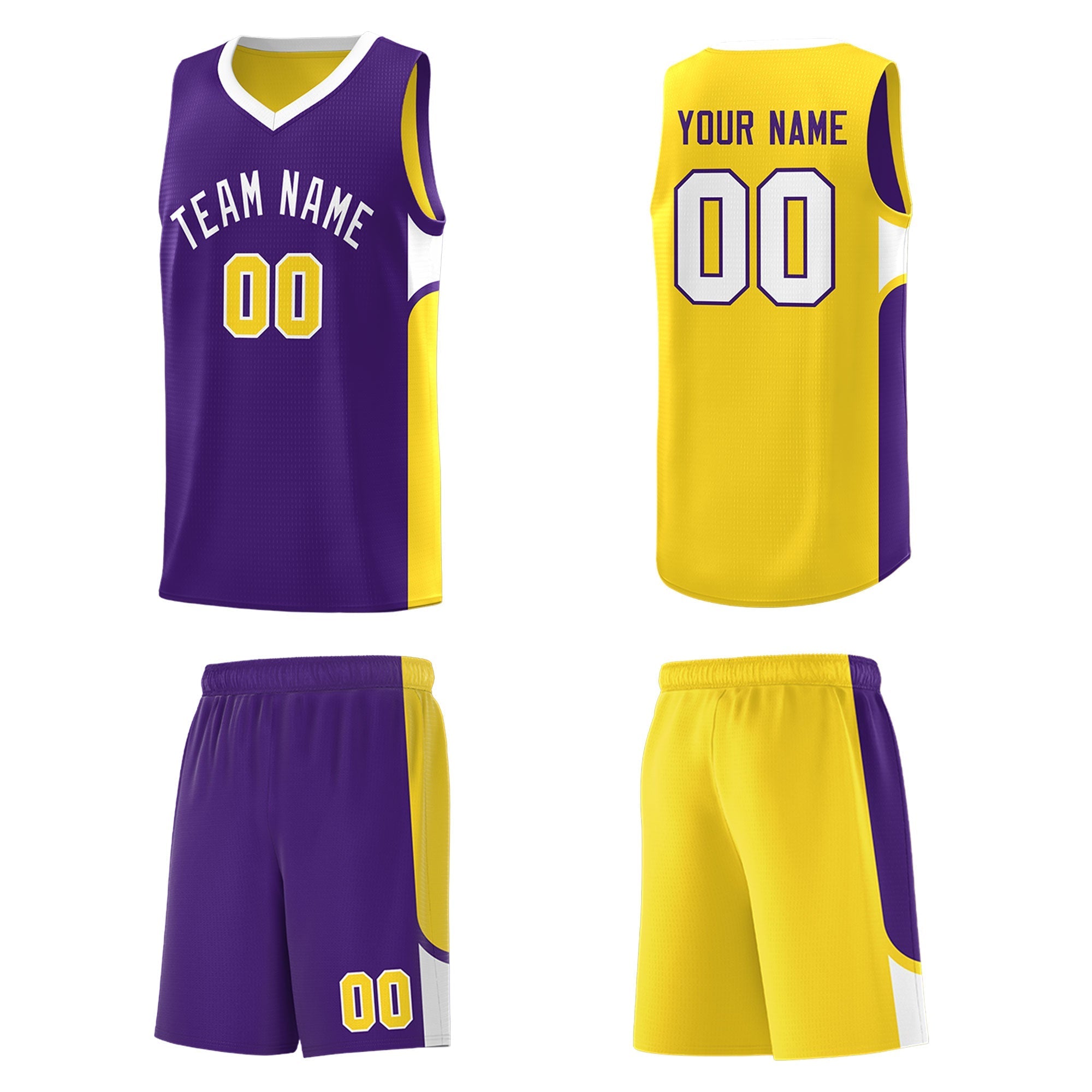 Custom Purple Gold Side U-shaped Patttern Double Side Sports Uniform Basketball Jersey|KXKSHOP