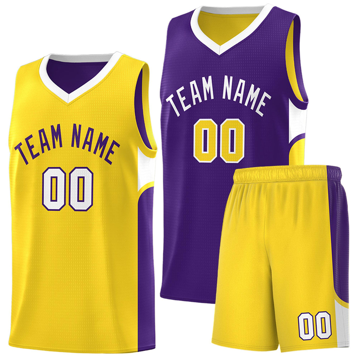 Custom Purple Gold Side U-shaped Patttern Double Side Sports Uniform Basketball Jersey|KXKSHOP