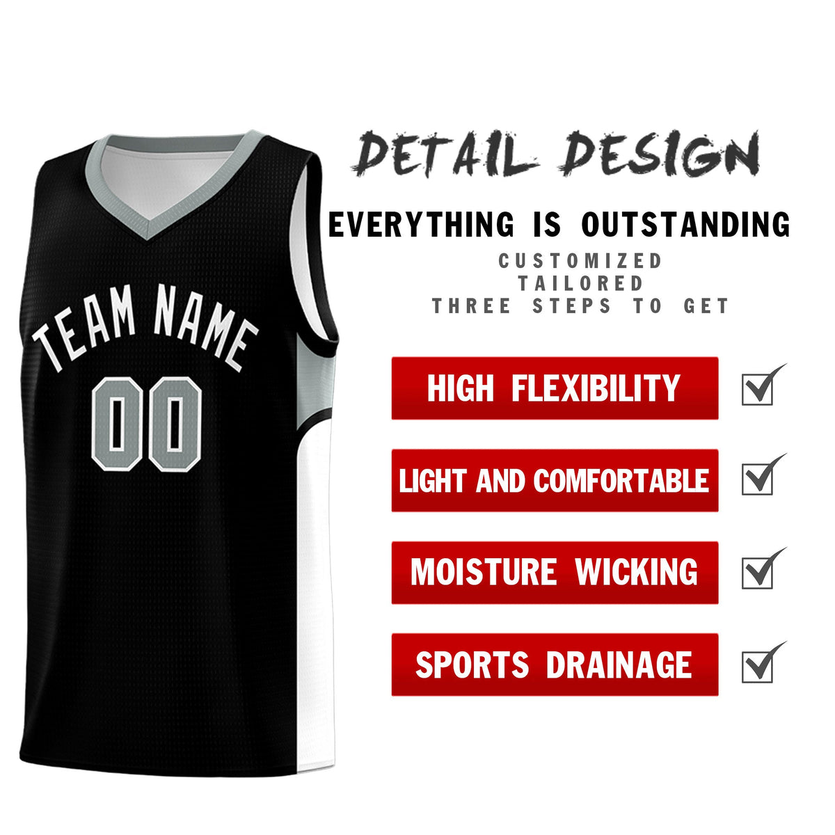 Custom Black White Side U-shaped Patttern Double Side Sports Uniform Basketball Jersey|KXKSHOP