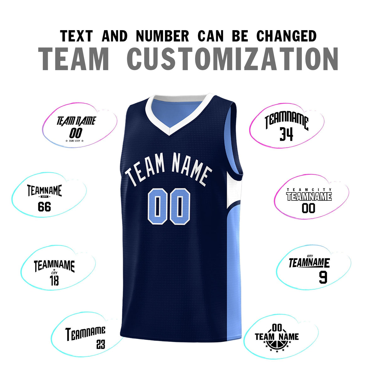 Custom Navy Light Blue Side U-shaped Patttern Double Side Sports Uniform Basketball Jersey|KXKSHOP