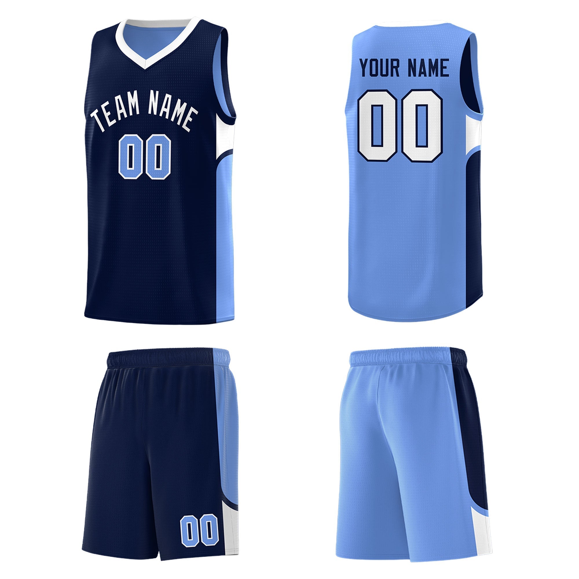 Custom Navy Light Blue Side U-shaped Patttern Double Side Sports Uniform Basketball Jersey|KXKSHOP