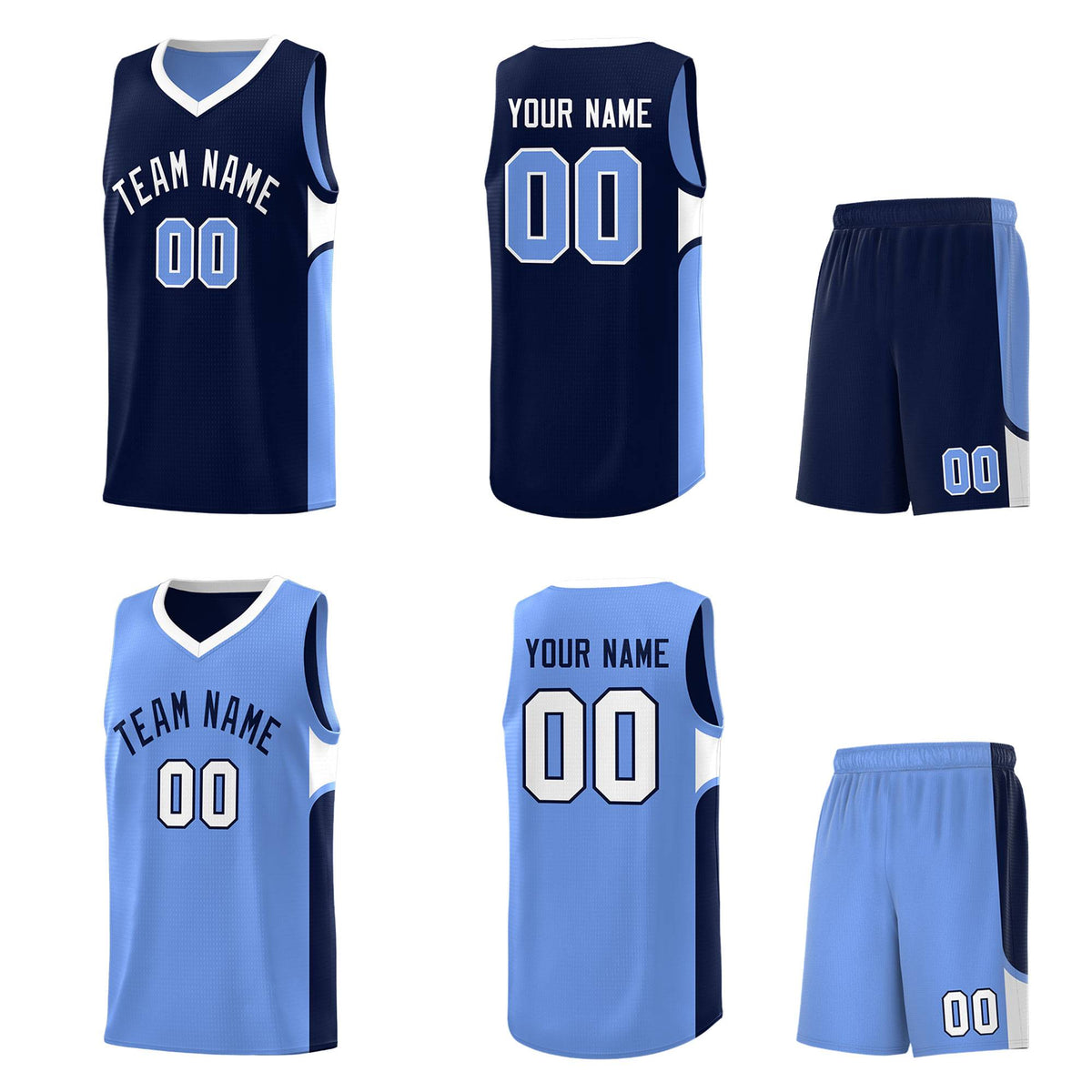 Custom Navy Light Blue Side U-shaped Patttern Double Side Sports Uniform Basketball Jersey|KXKSHOP
