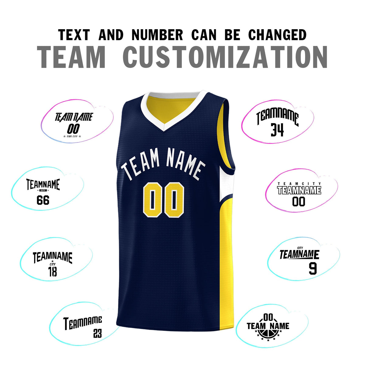 Custom Navy Gold Side U-shaped Patttern Double Side Sports Uniform Basketball Jersey|KXKSHOP