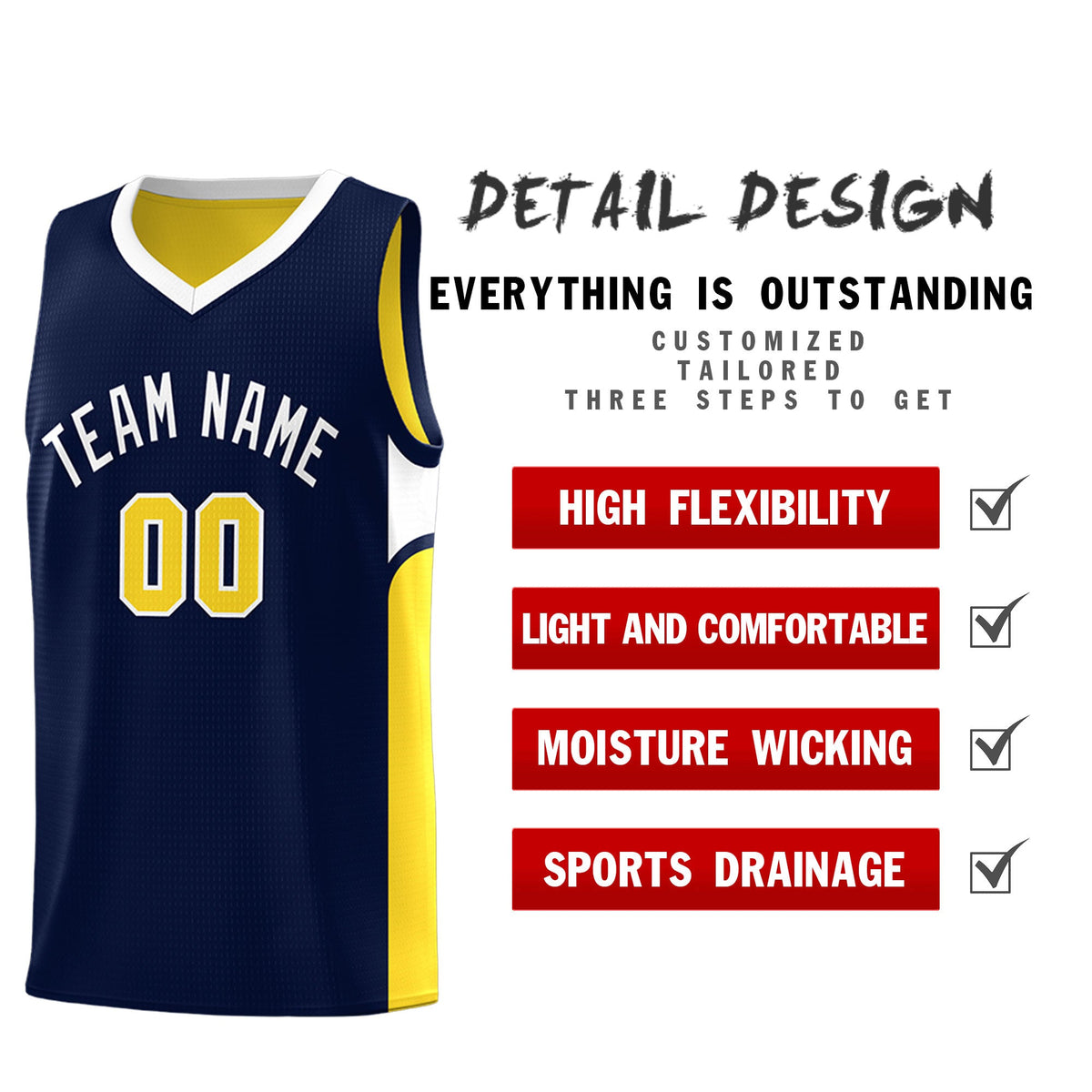 Custom Navy Gold Side U-shaped Patttern Double Side Sports Uniform Basketball Jersey|KXKSHOP