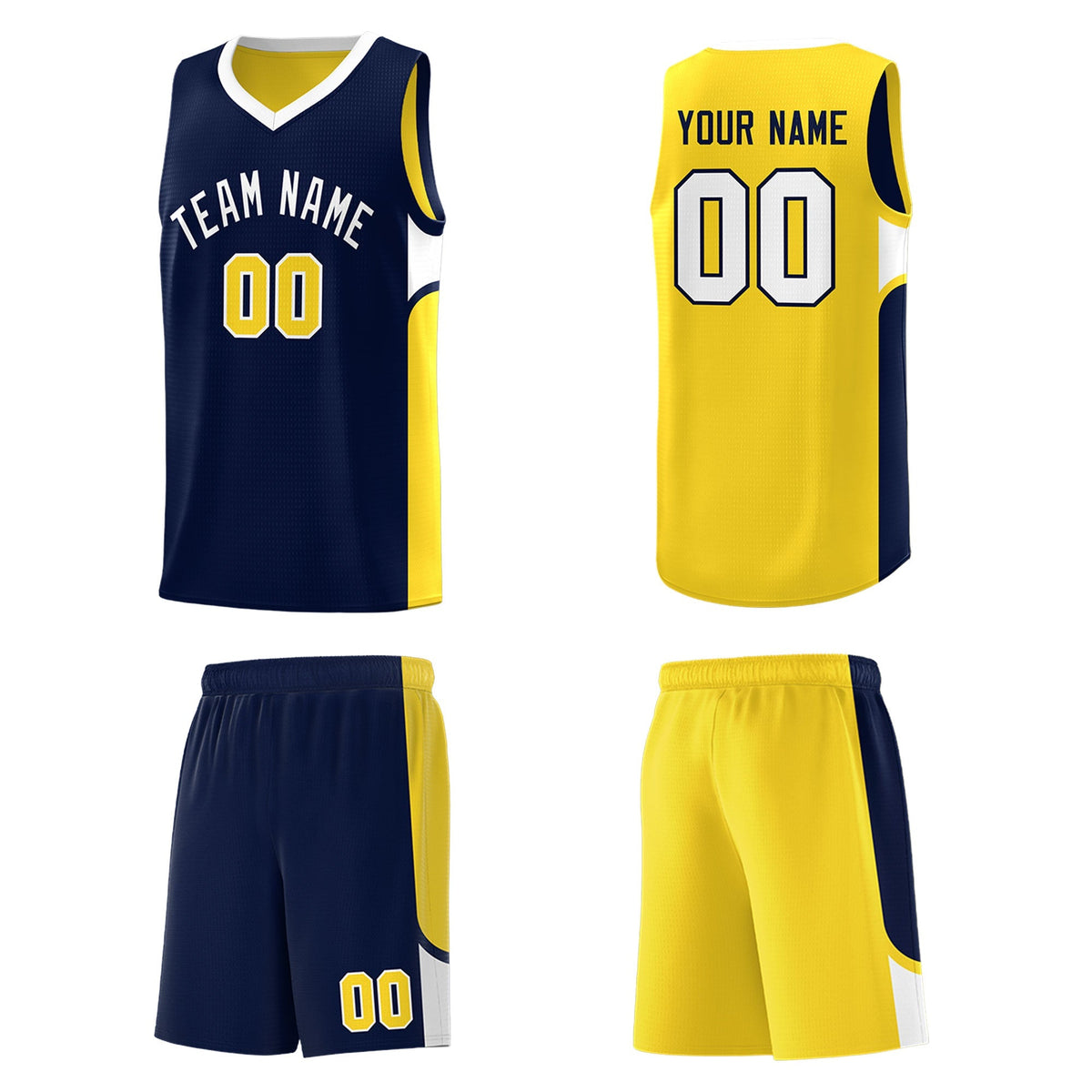 Custom Navy Gold Side U-shaped Patttern Double Side Sports Uniform Basketball Jersey|KXKSHOP