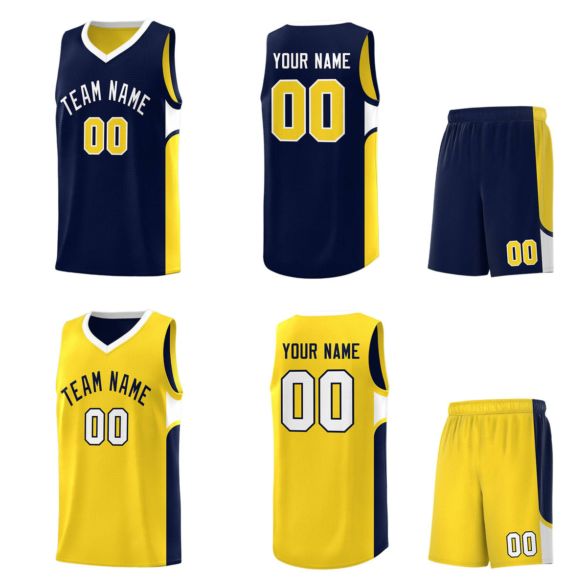 Custom Navy Gold Side U-shaped Patttern Double Side Sports Uniform Basketball Jersey|KXKSHOP