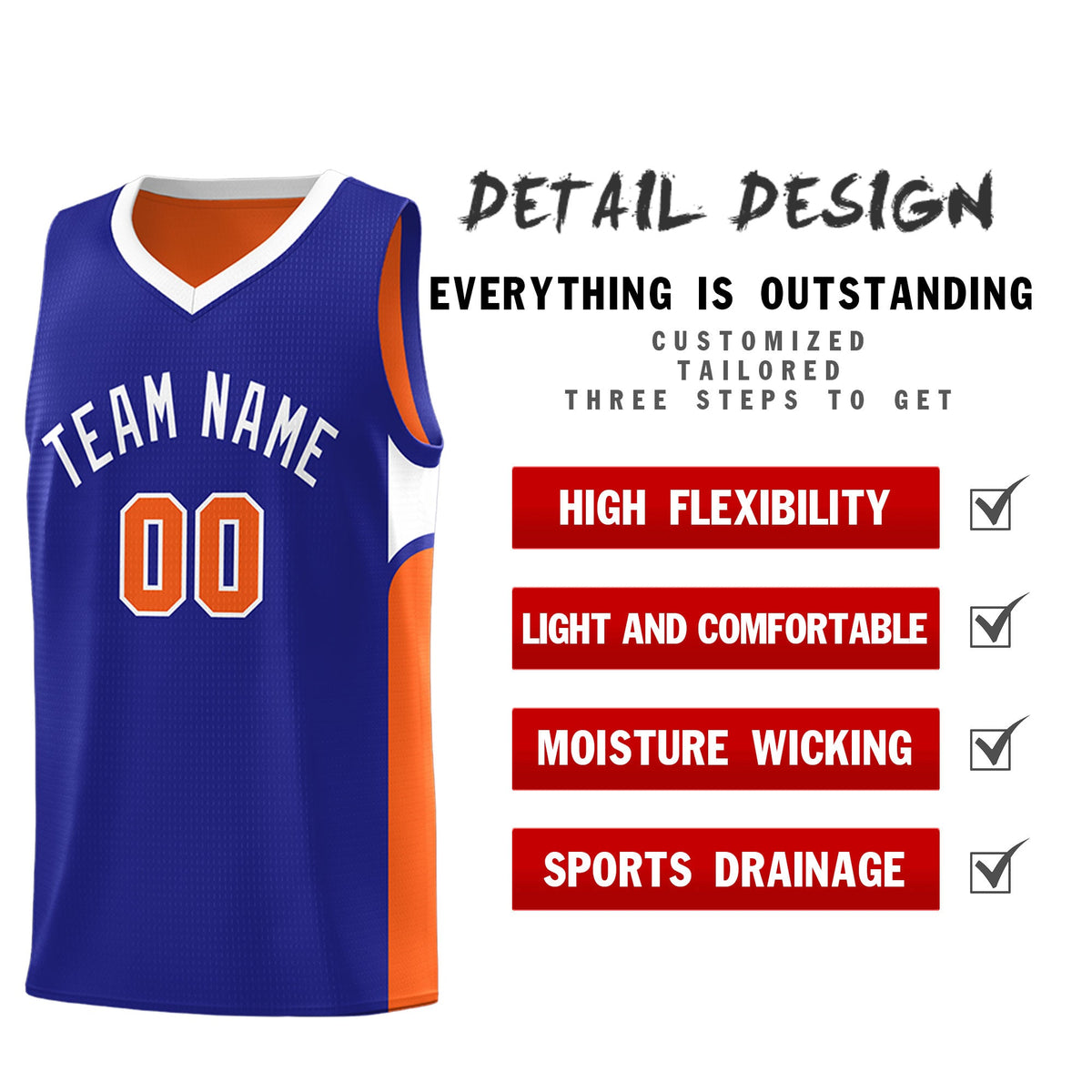 Custom Royal Orange Side U-shaped Patttern Double Side Sports Uniform Basketball Jersey|KXKSHOP