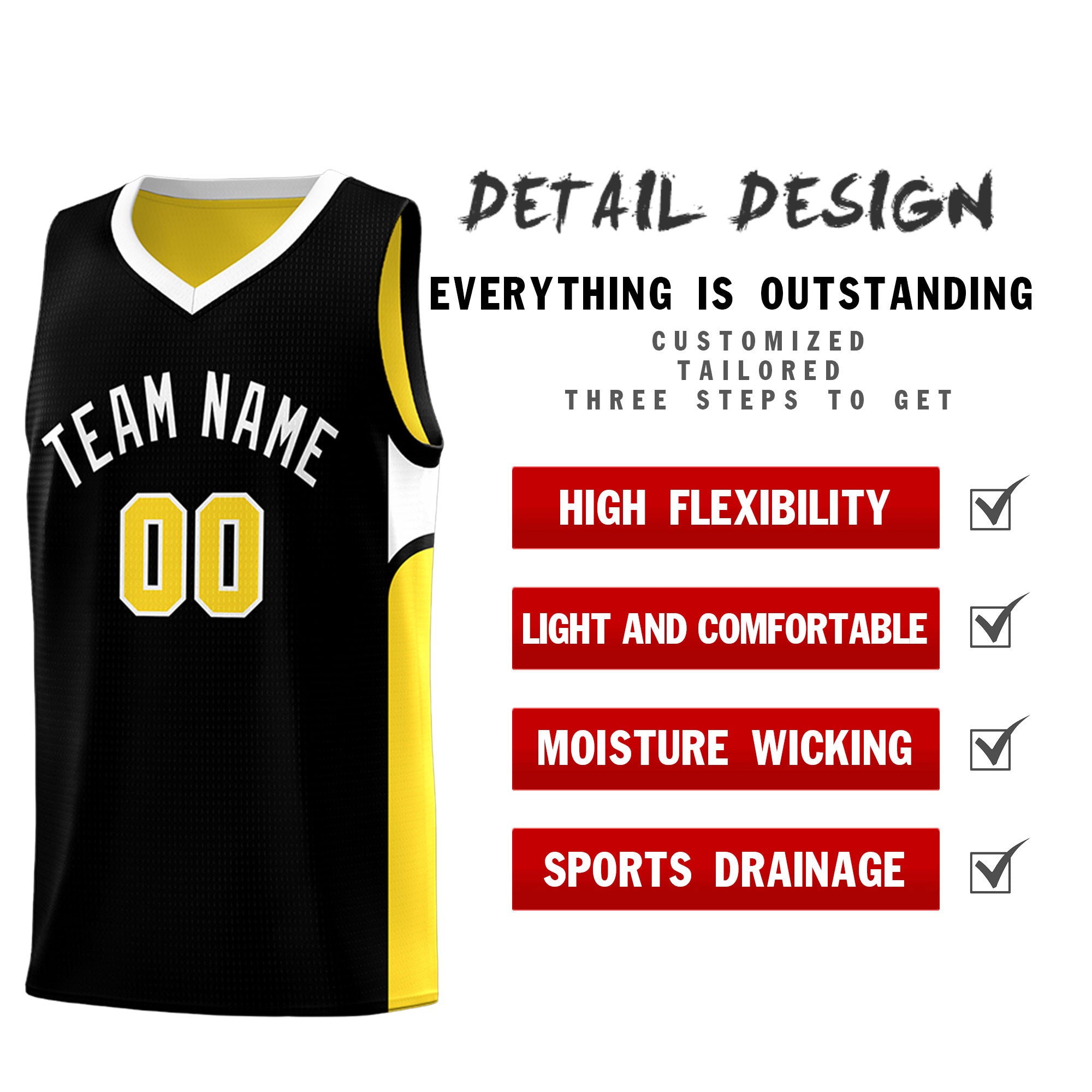 Custom Black Gold Side U-shaped Patttern Double Side Sports Uniform Basketball Jersey|KXKSHOP