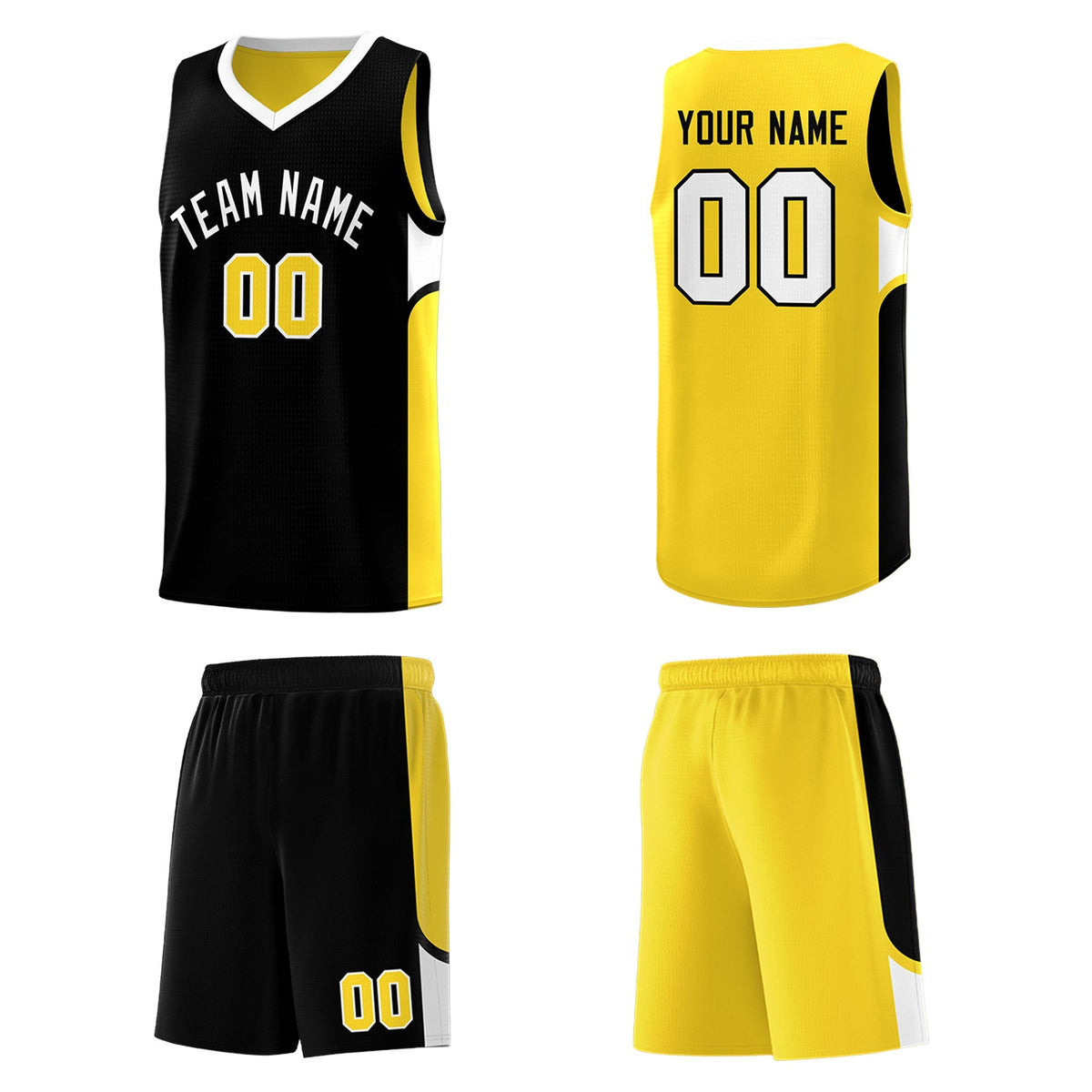 Custom Black Gold Side U-shaped Patttern Double Side Sports Uniform Basketball Jersey|KXKSHOP