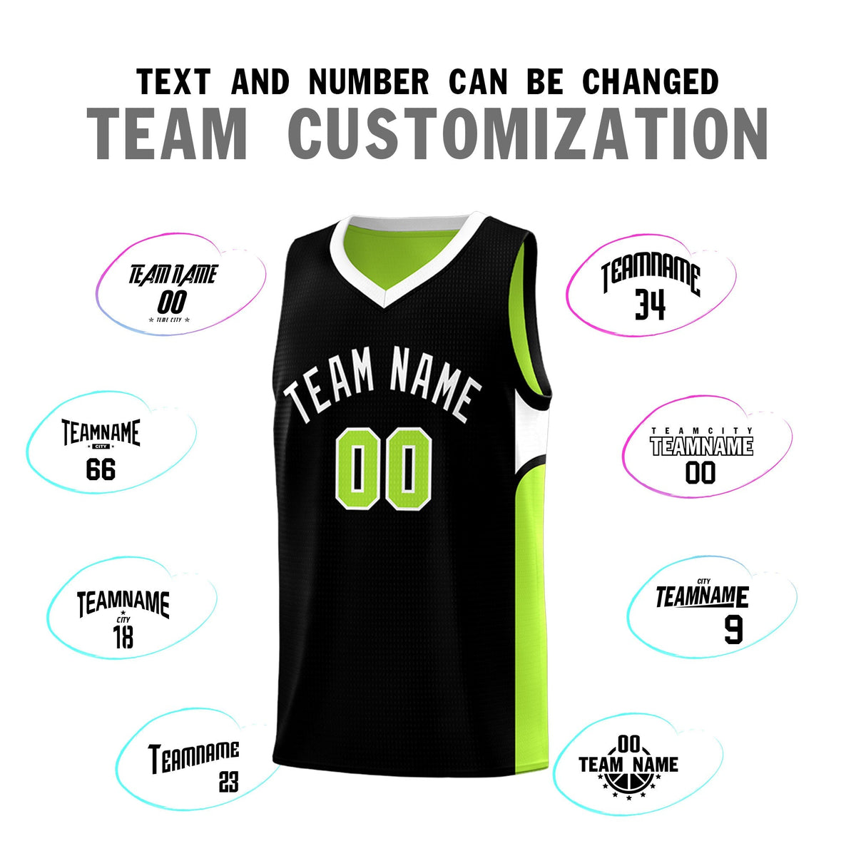 Custom Black Neon Green Side U-shaped Patttern Double Side Sports Uniform Basketball Jersey|KXKSHOP