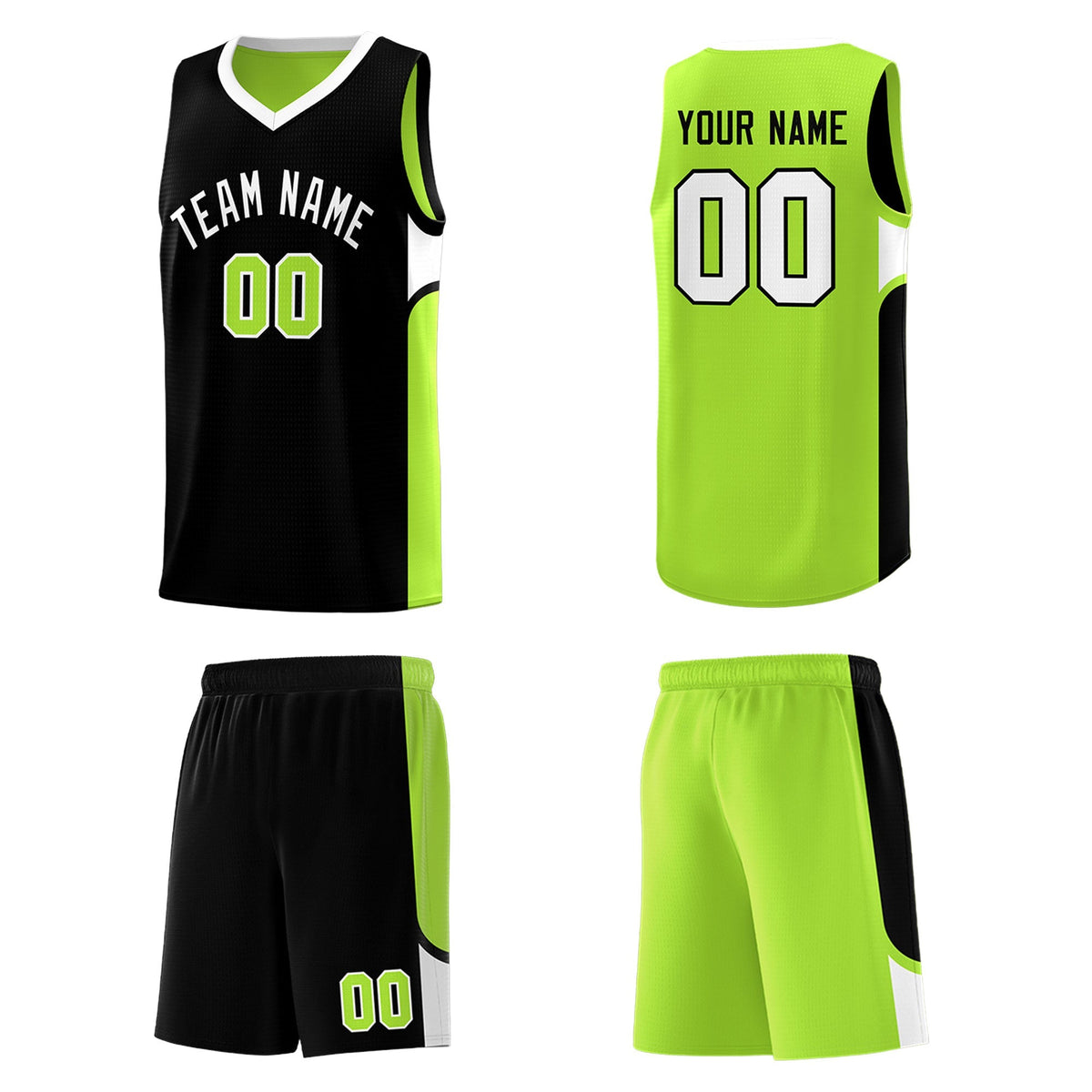Custom Black Neon Green Side U-shaped Patttern Double Side Sports Uniform Basketball Jersey|KXKSHOP