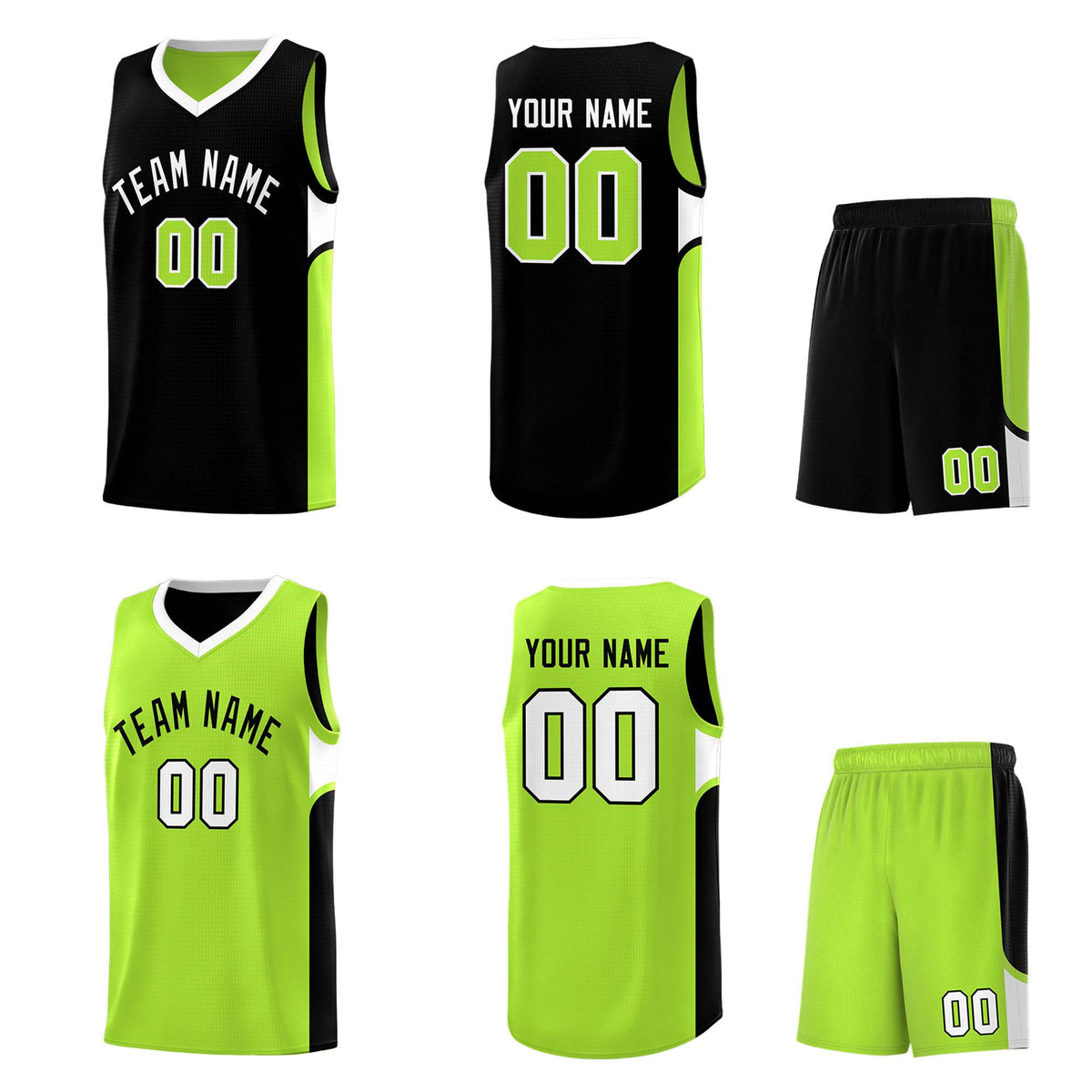 Custom Black Neon Green Side U-shaped Patttern Double Side Sports Uniform Basketball Jersey|KXKSHOP