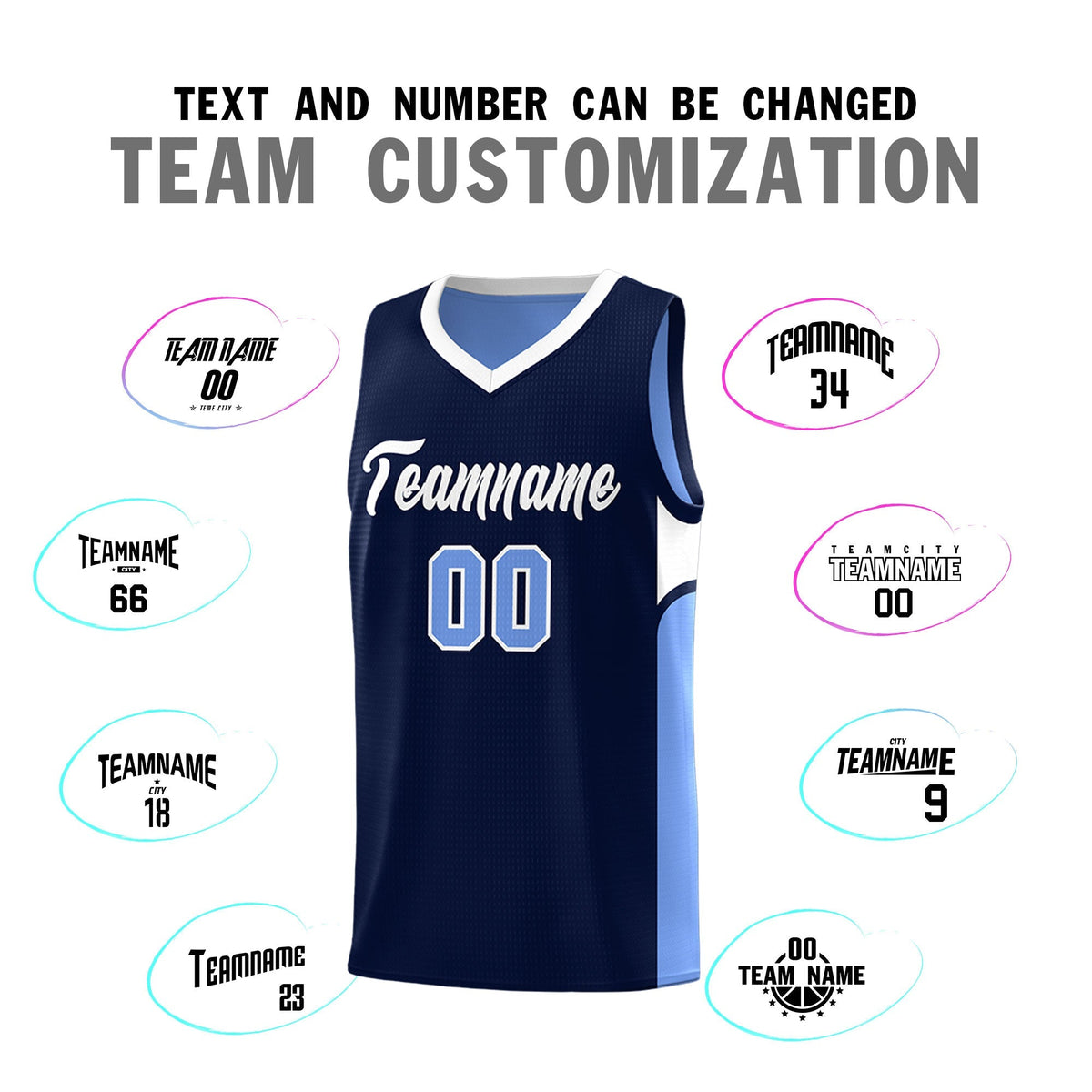 Custom Navy Light Blue Side U-shaped Patttern Double Side Sports Uniform Basketball Jersey|KXKSHOP