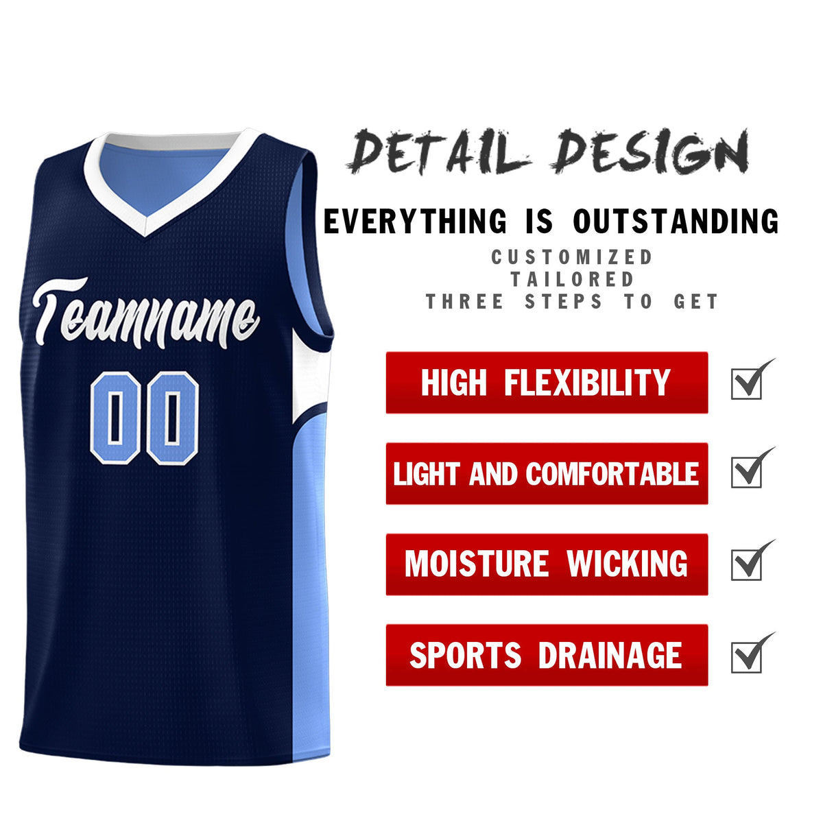 Custom Navy Light Blue Side U-shaped Patttern Double Side Sports Uniform Basketball Jersey|KXKSHOP