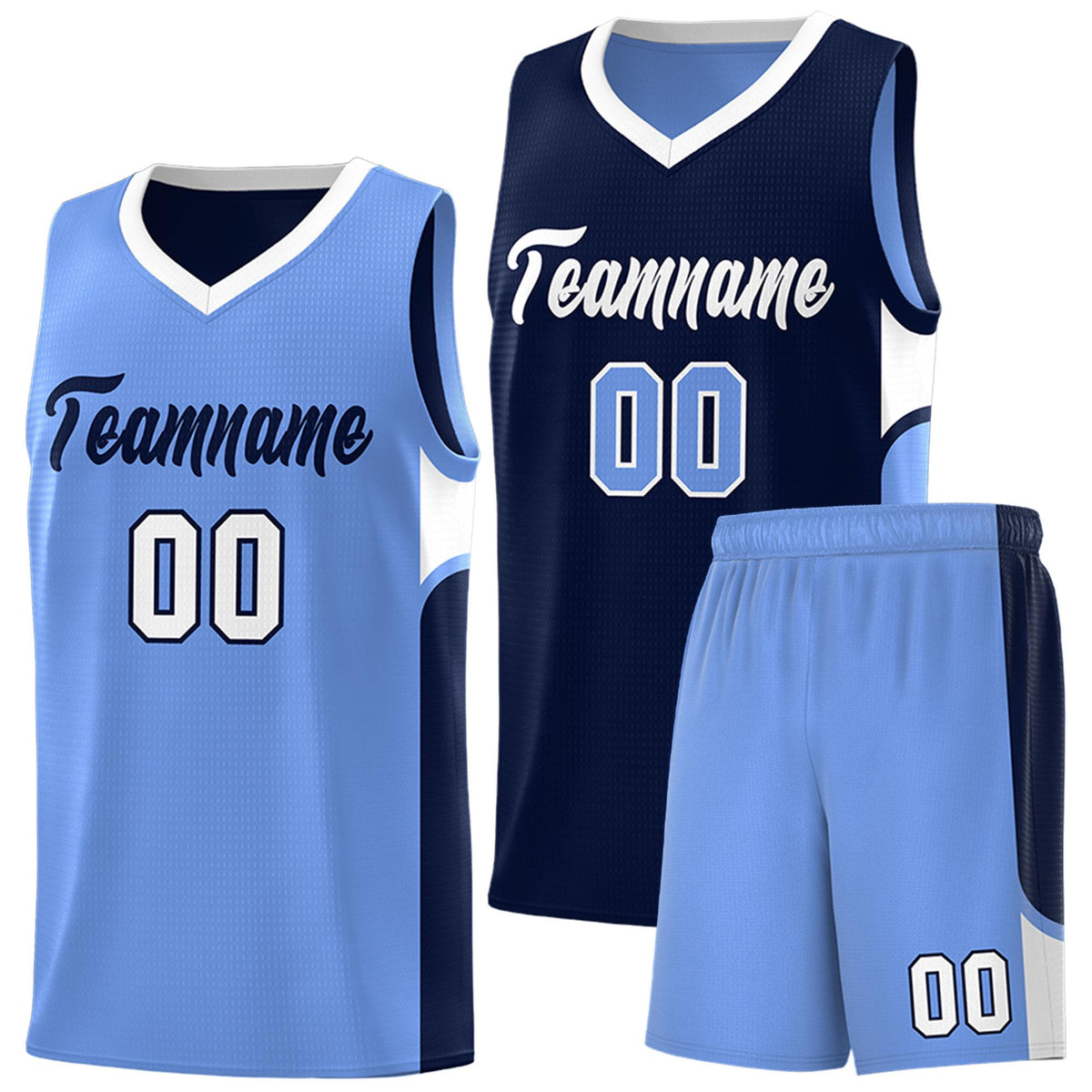 Custom Navy Light Blue Side U-shaped Patttern Double Side Sports Uniform Basketball Jersey|KXKSHOP