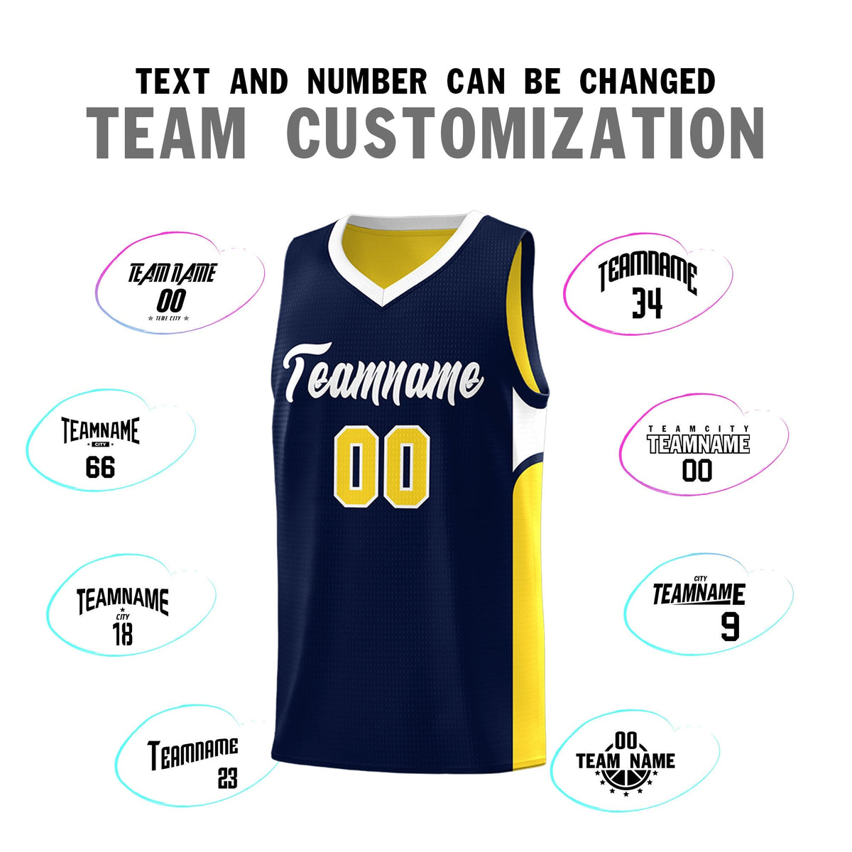 Custom Navy Gold Side U-shaped Patttern Double Side Sports Uniform Basketball Jersey|KXKSHOP