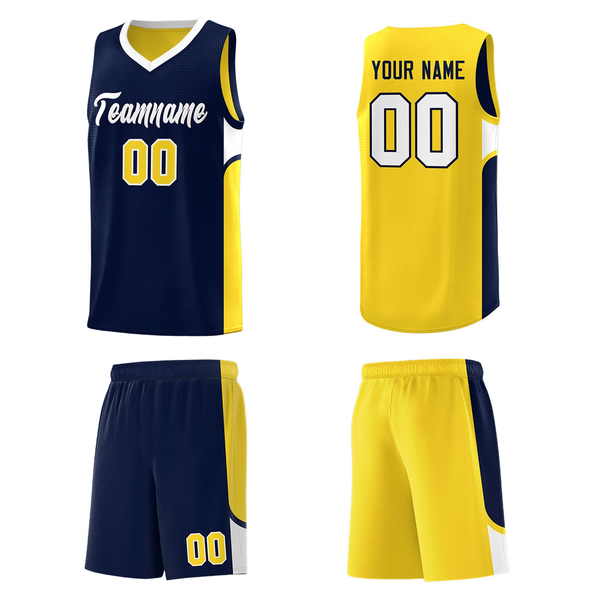 Custom Navy Gold Side U-shaped Patttern Double Side Sports Uniform Basketball Jersey|KXKSHOP