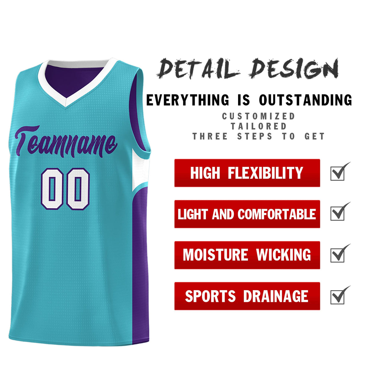 Custom Sky Blue Purple Side U-shaped Patttern Double Side Sports Uniform Basketball Jersey|KXKSHOP