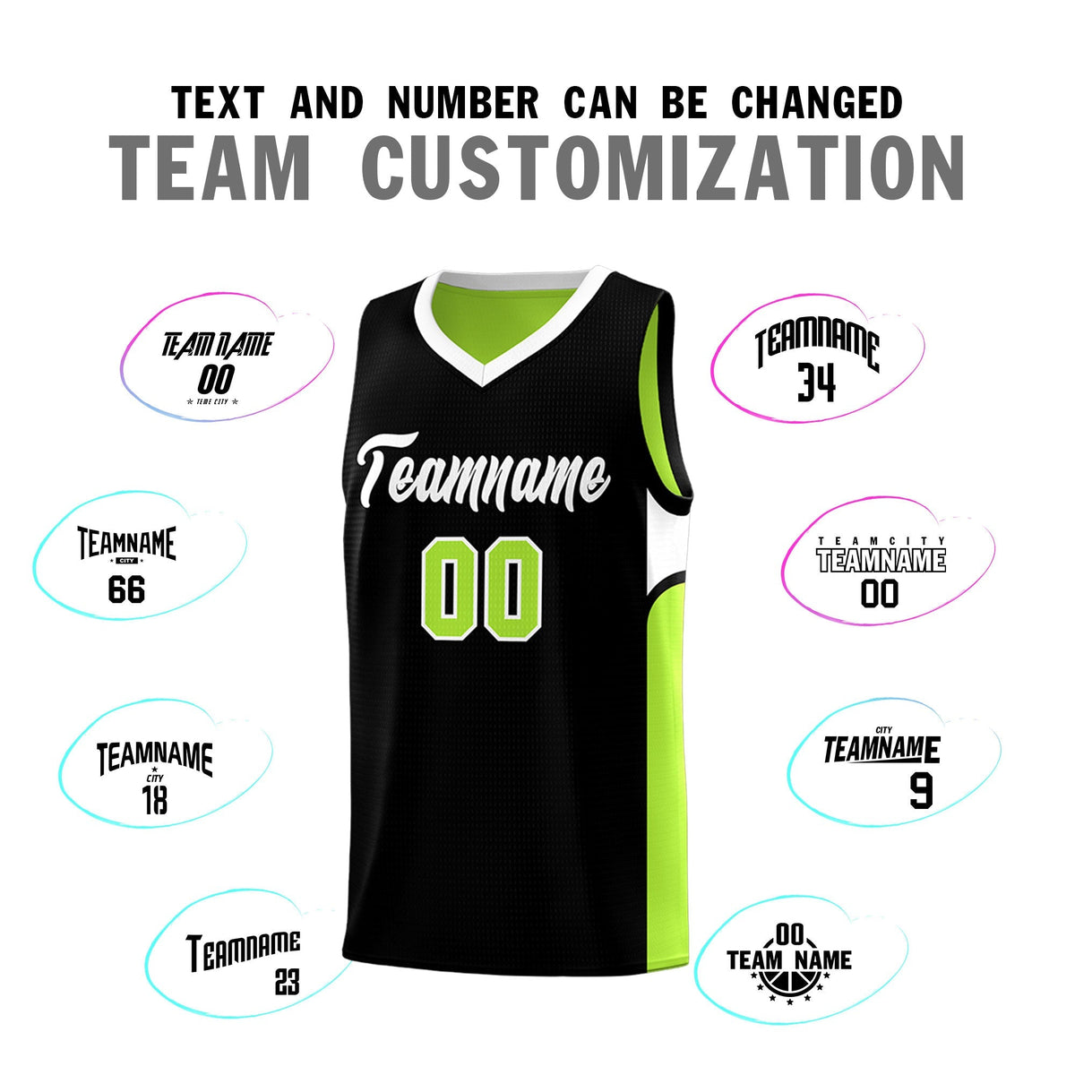Custom Black Neon Green Side U-shaped Patttern Double Side Sports Uniform Basketball Jersey|KXKSHOP