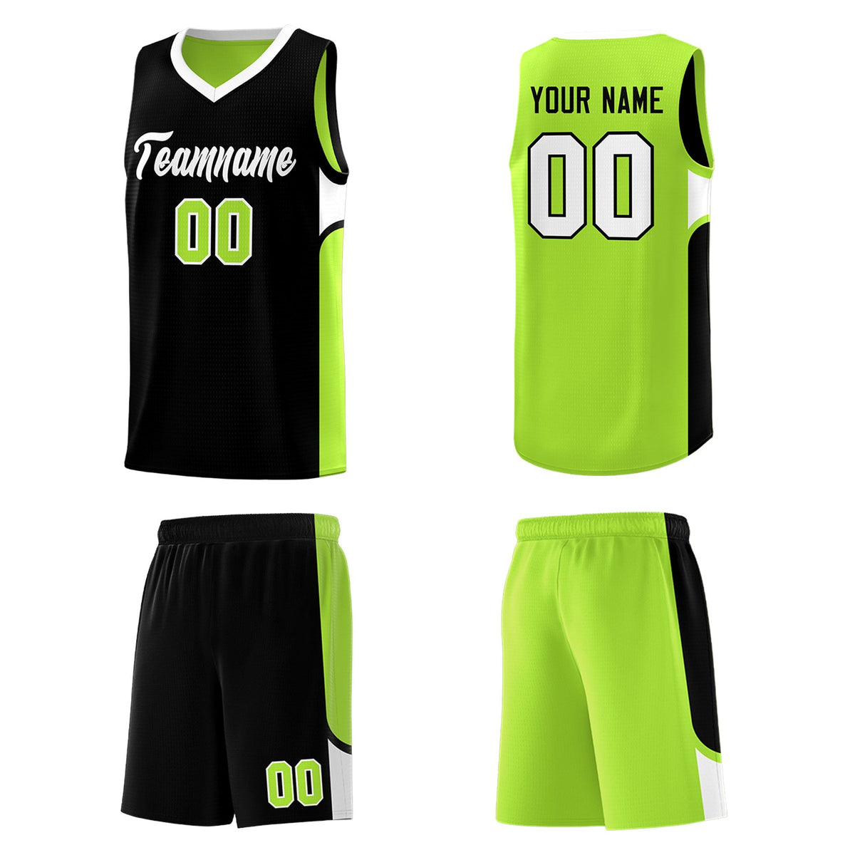 Custom Black Neon Green Side U-shaped Patttern Double Side Sports Uniform Basketball Jersey|KXKSHOP