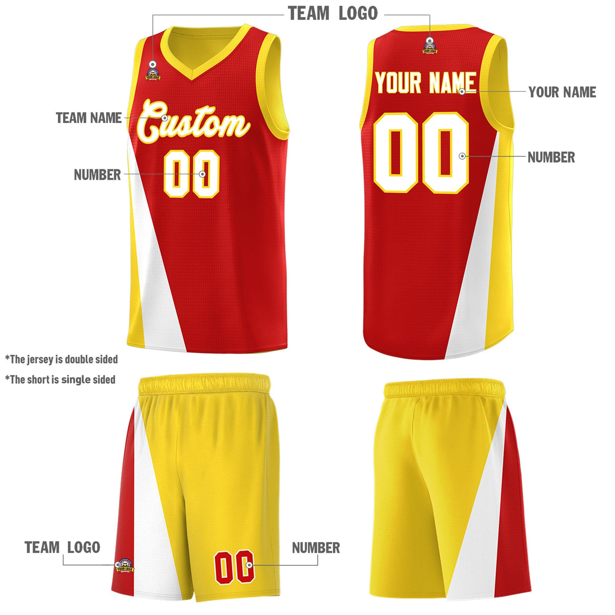Custom Red Gold Slanting Two Lines Color Block Sports Uniform Basketball Jersey