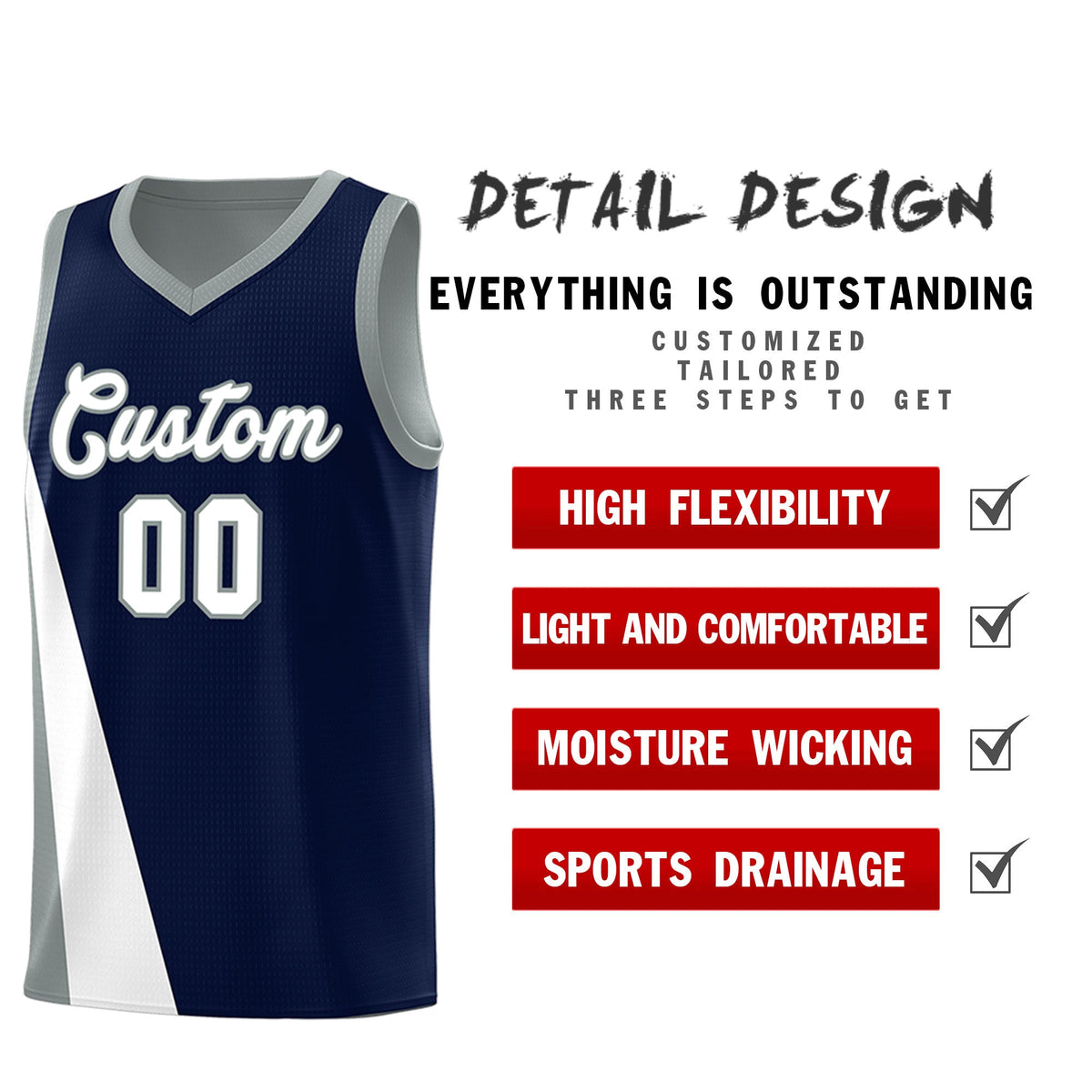 Custom Navy Gray Slanting Two Lines Color Block Sports Uniform Basketball Jersey