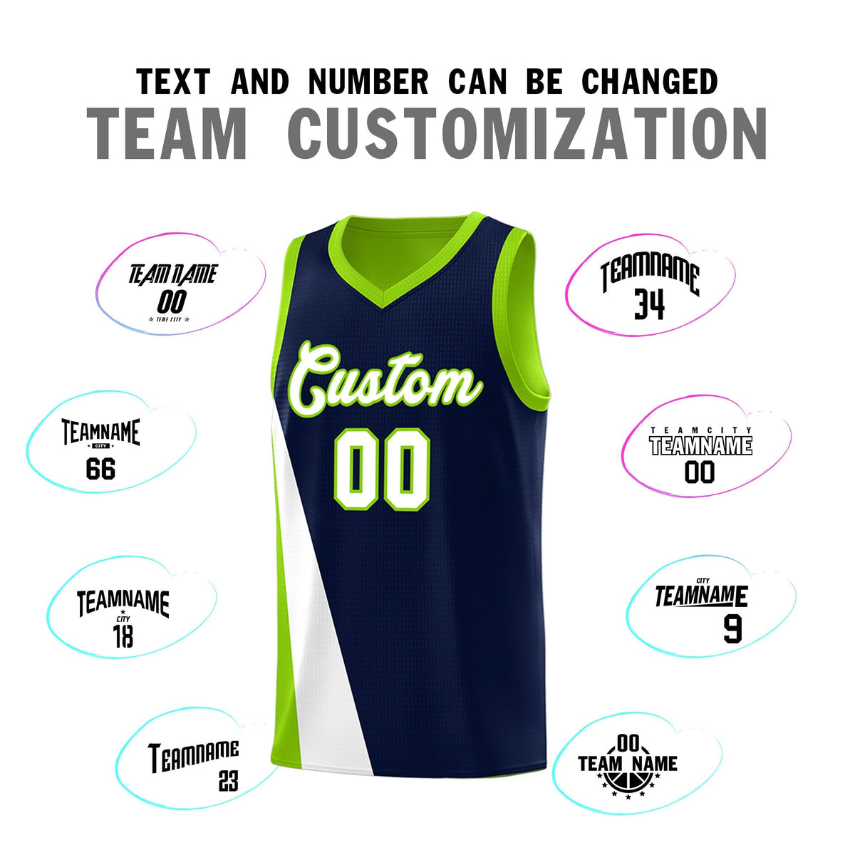 Custom Navy Neon Green Slanting Two Lines Color Block Sports Uniform Basketball Jersey