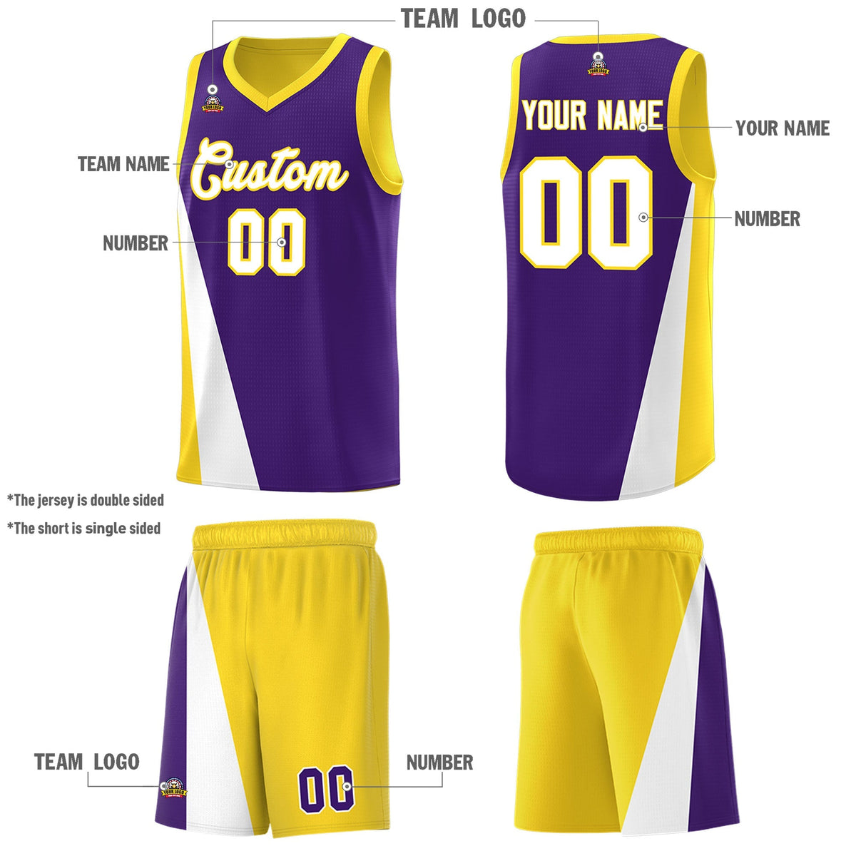 Custom Purple Gold Slanting Two Lines Color Block Sports Uniform Basketball Jersey