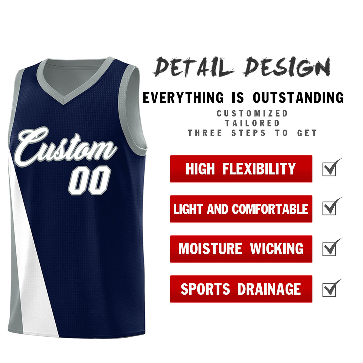 Custom Navy Gray Slanting Two Lines Color Block Sports Uniform Basketball Jersey