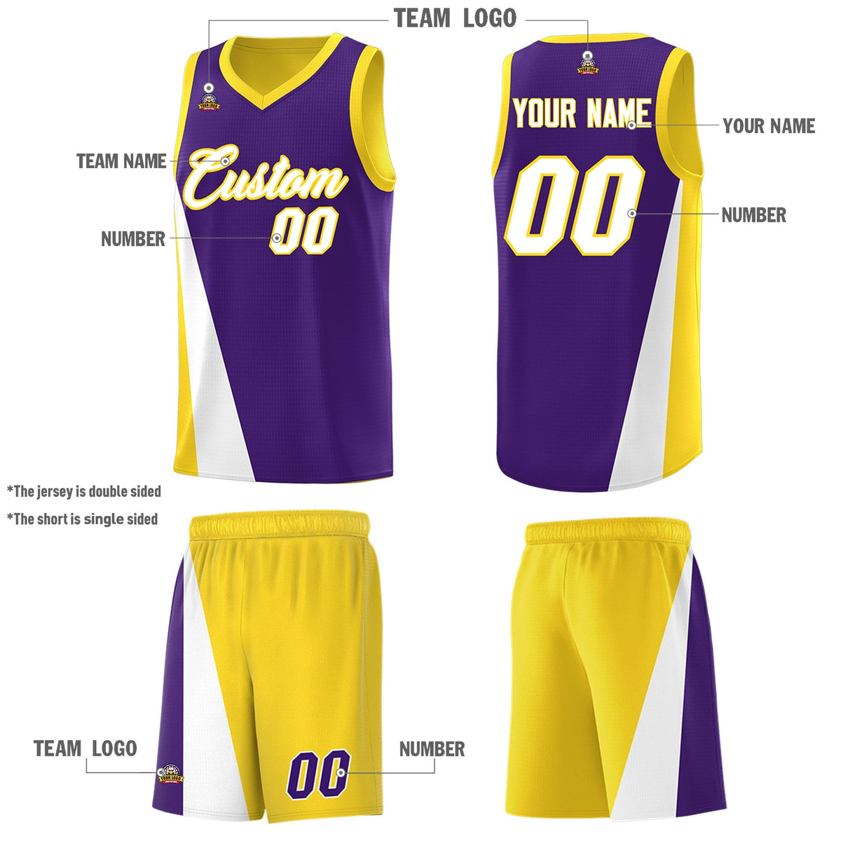 Custom Purple Gold Slanting Two Lines Color Block Sports Uniform Basketball Jersey