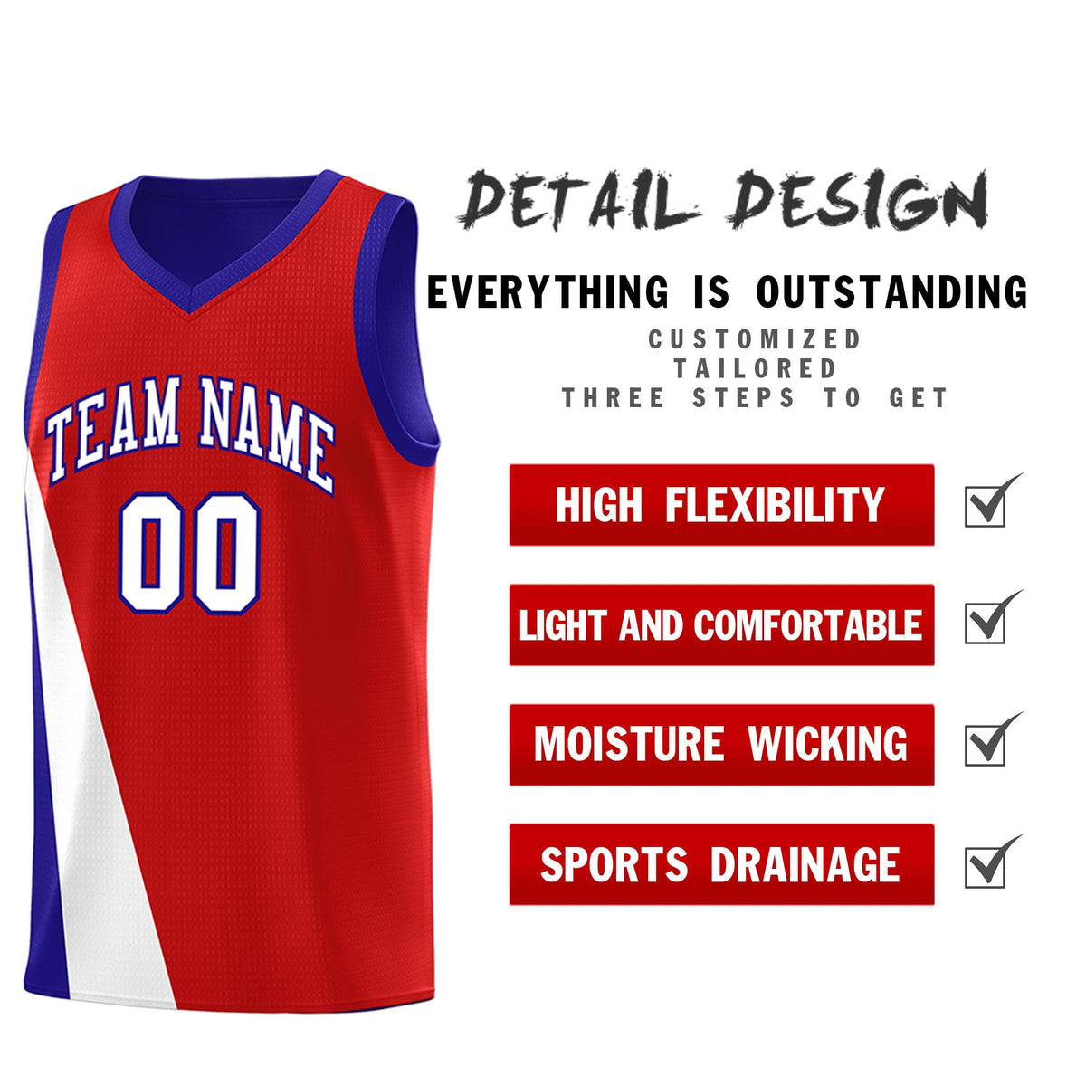 Custom Red Royal Slanting Two Lines Color Block Sports Uniform Basketball Jersey