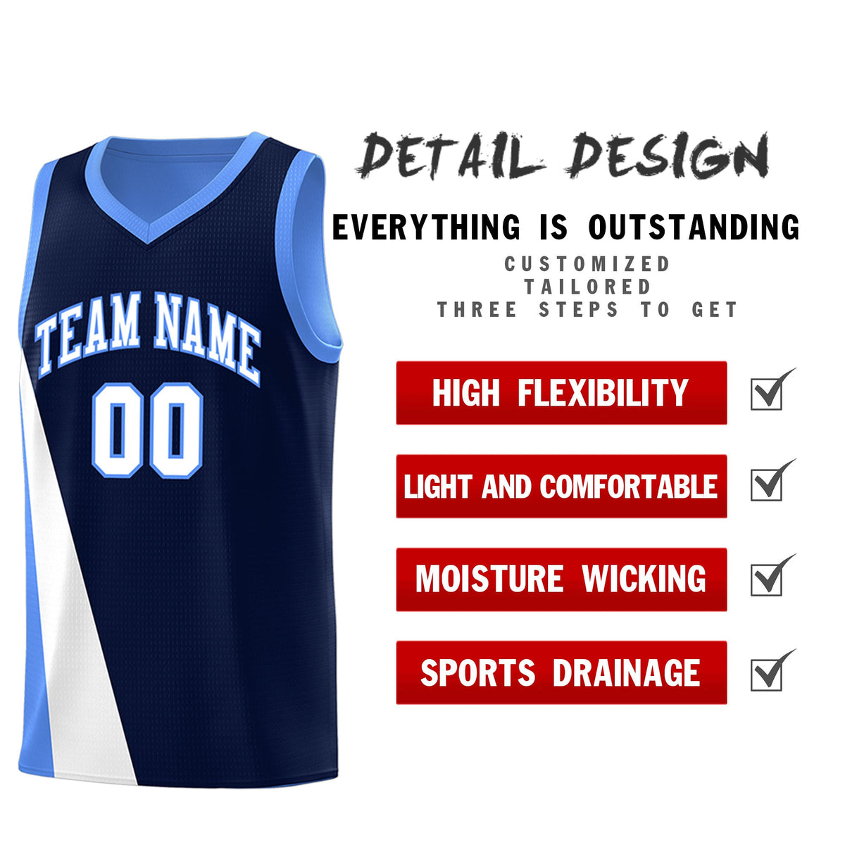 Custom Navy Powder Blue Slanting Two Lines Color Block Sports Uniform Basketball Jersey
