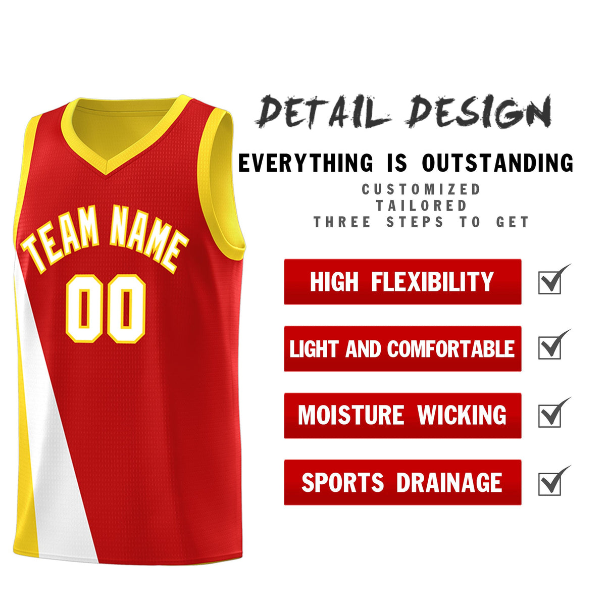 Custom Red Gold Slanting Two Lines Color Block Sports Uniform Basketball Jersey