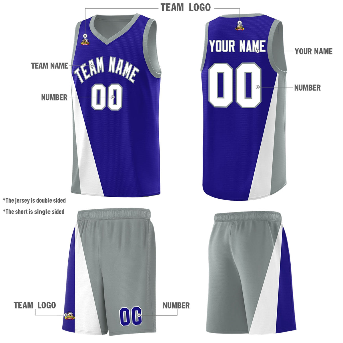 Custom Royal Gray Slanting Two Lines Color Block Sports Uniform Basketball Jersey