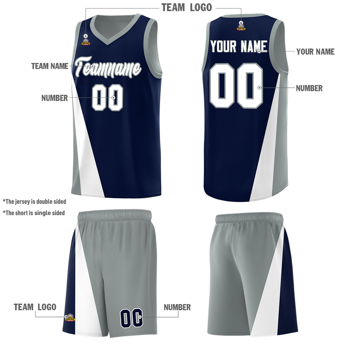 Custom Navy Gray Slanting Two Lines Color Block Sports Uniform Basketball Jersey